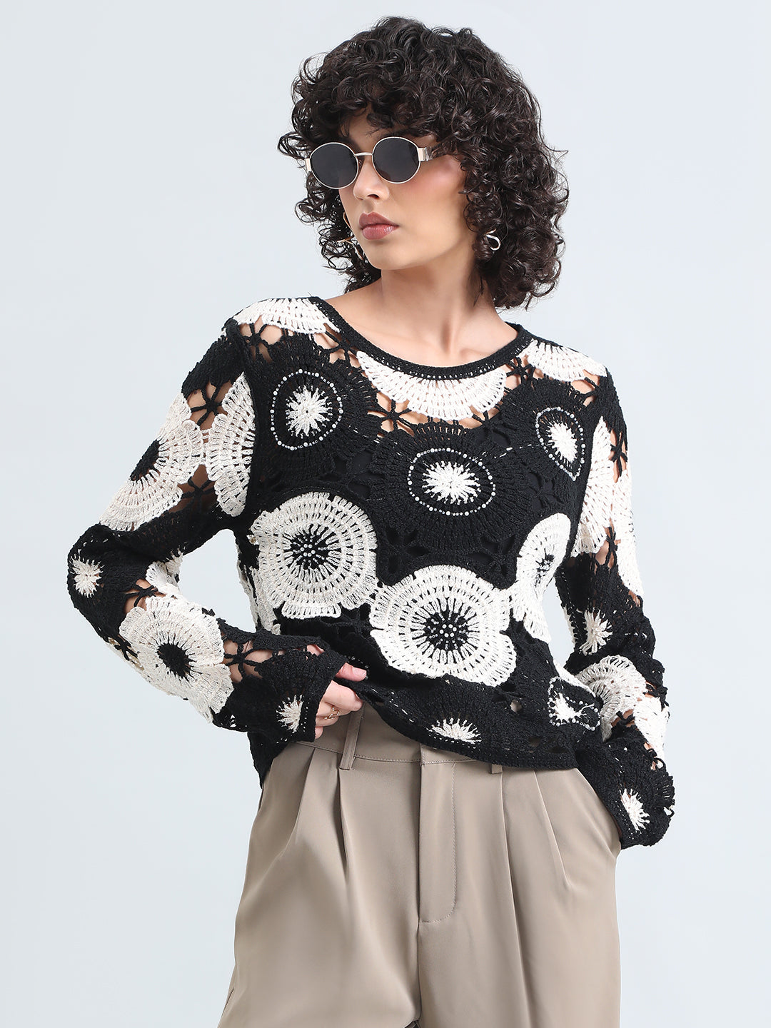 Women's Floral Black and White Crochet Top