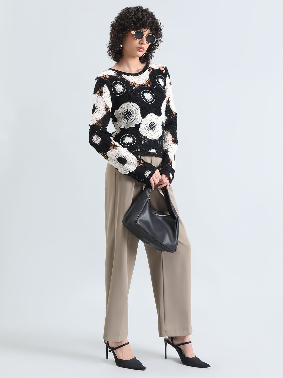 Women's Floral Black and White Crochet Top