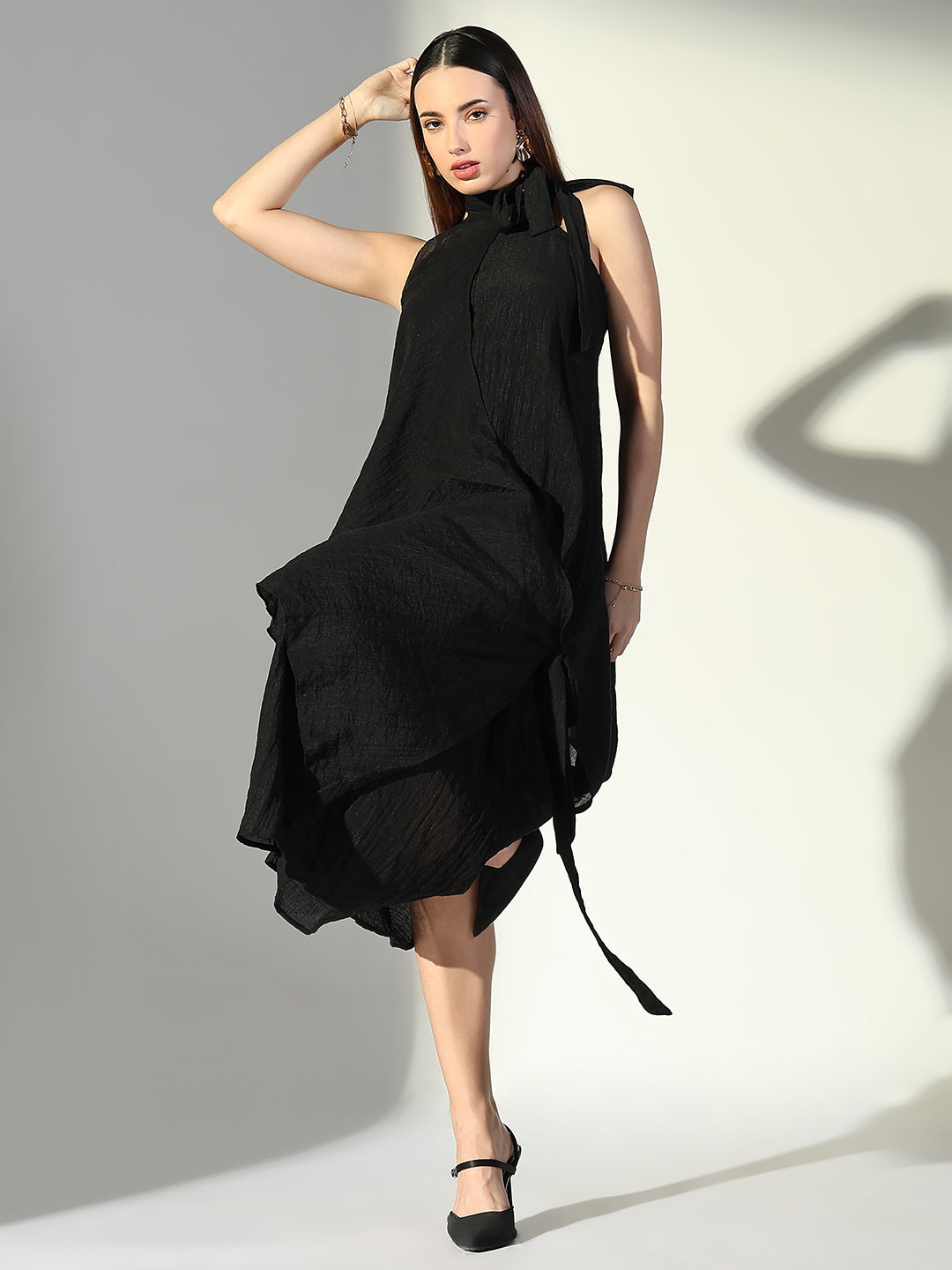 Women Black Solid A Line Dress with Drape Over