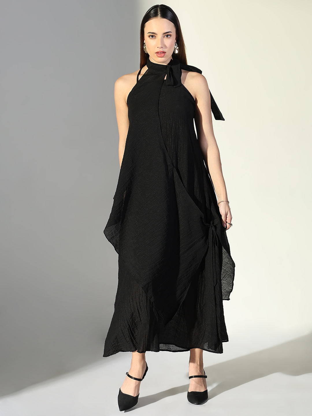 Women Black Solid A Line Dress with Drape Over