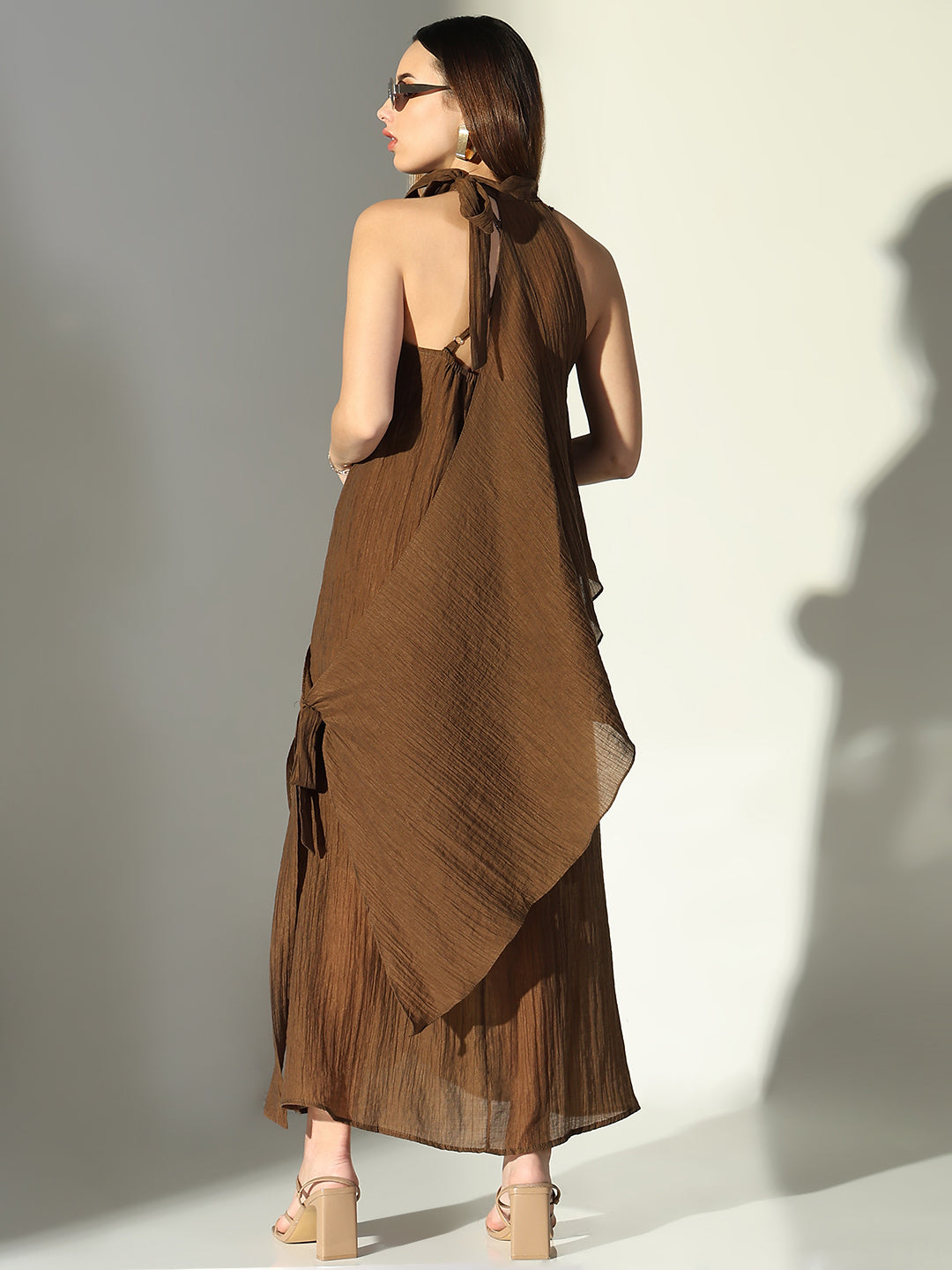 Women Brown Solid A Line Dress with Drape Over