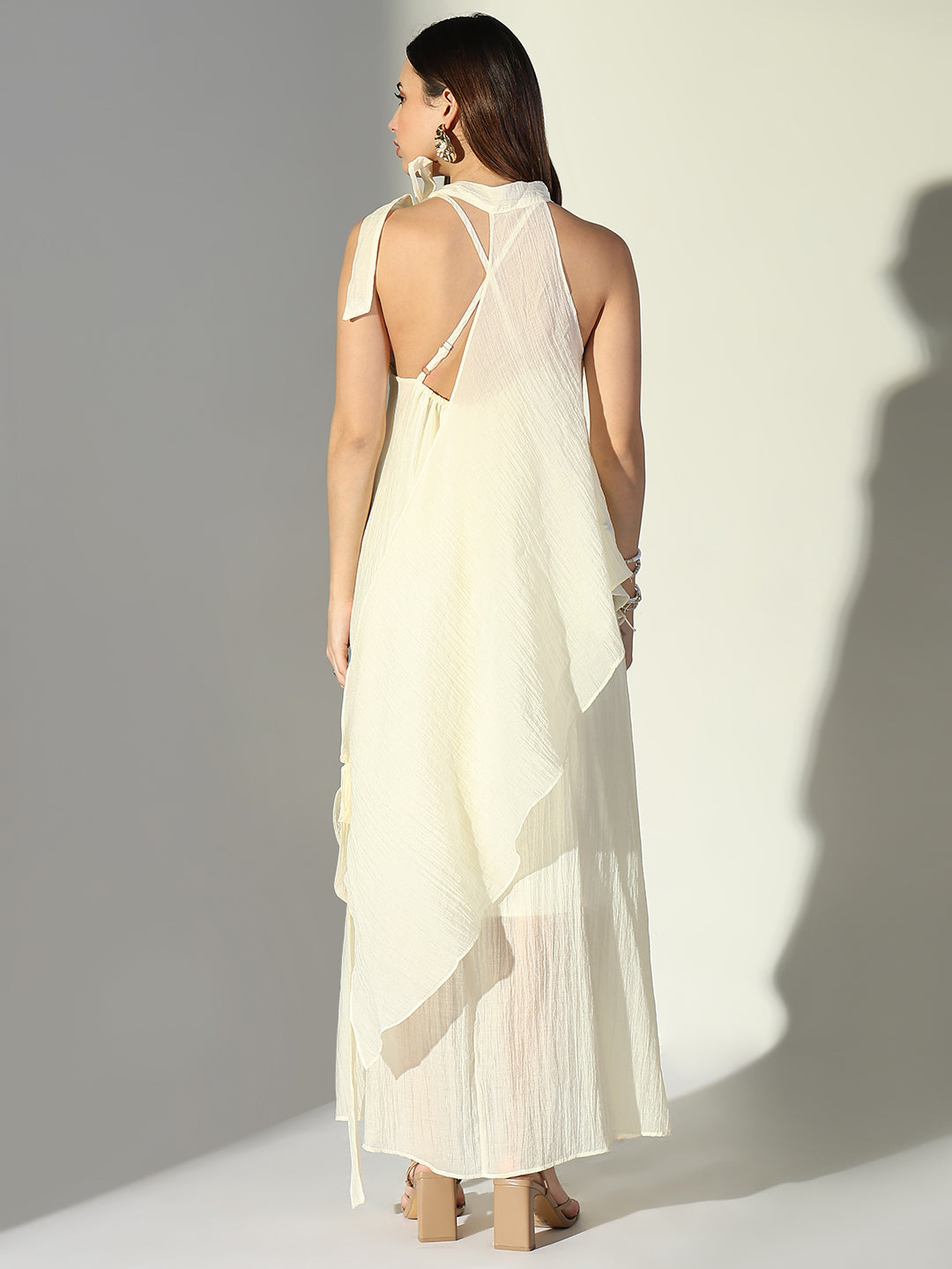 Women Cream Solid A Line Dress with Drape Over