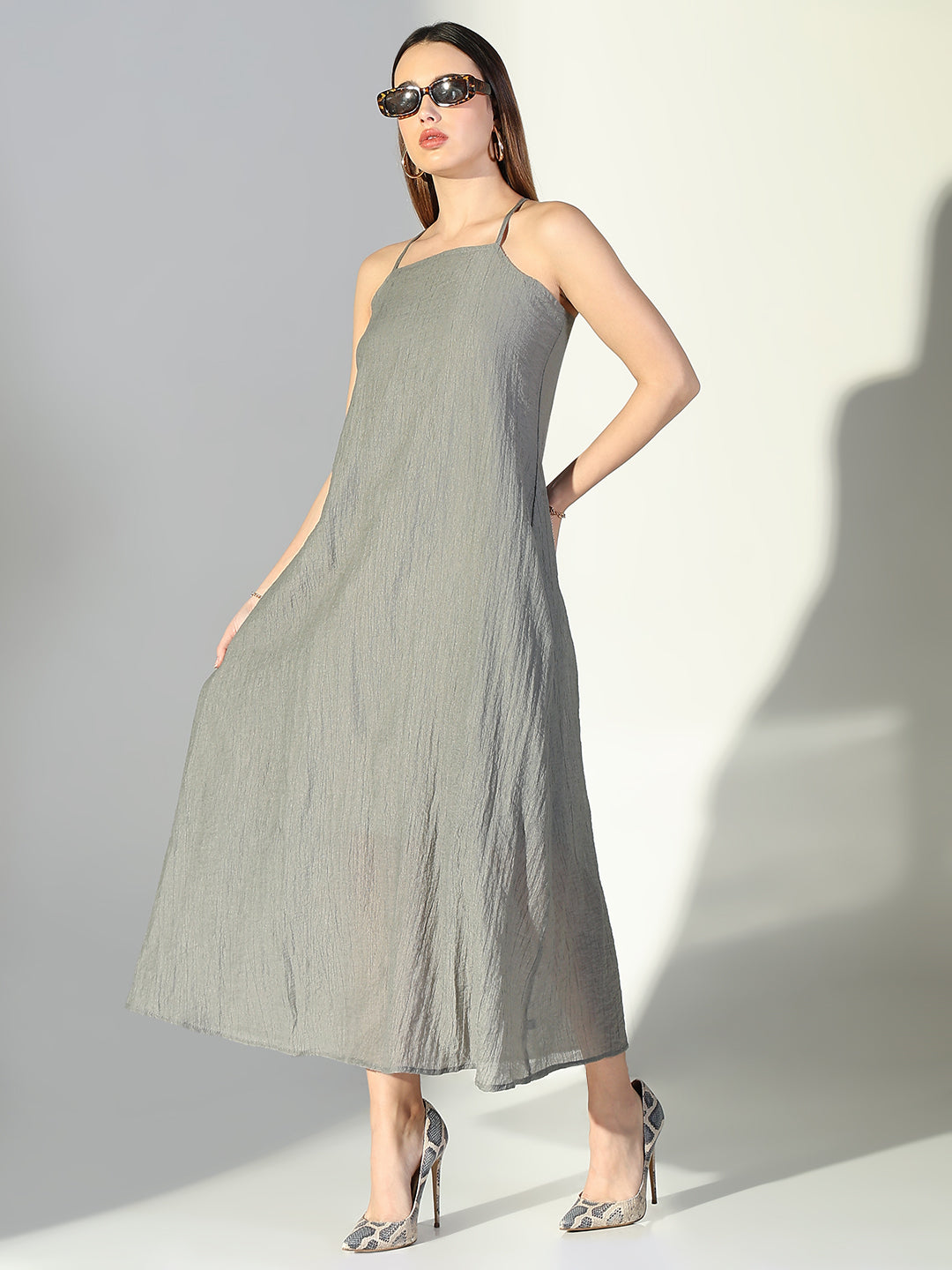 Women Grey Solid A Line Dress with Drape Over