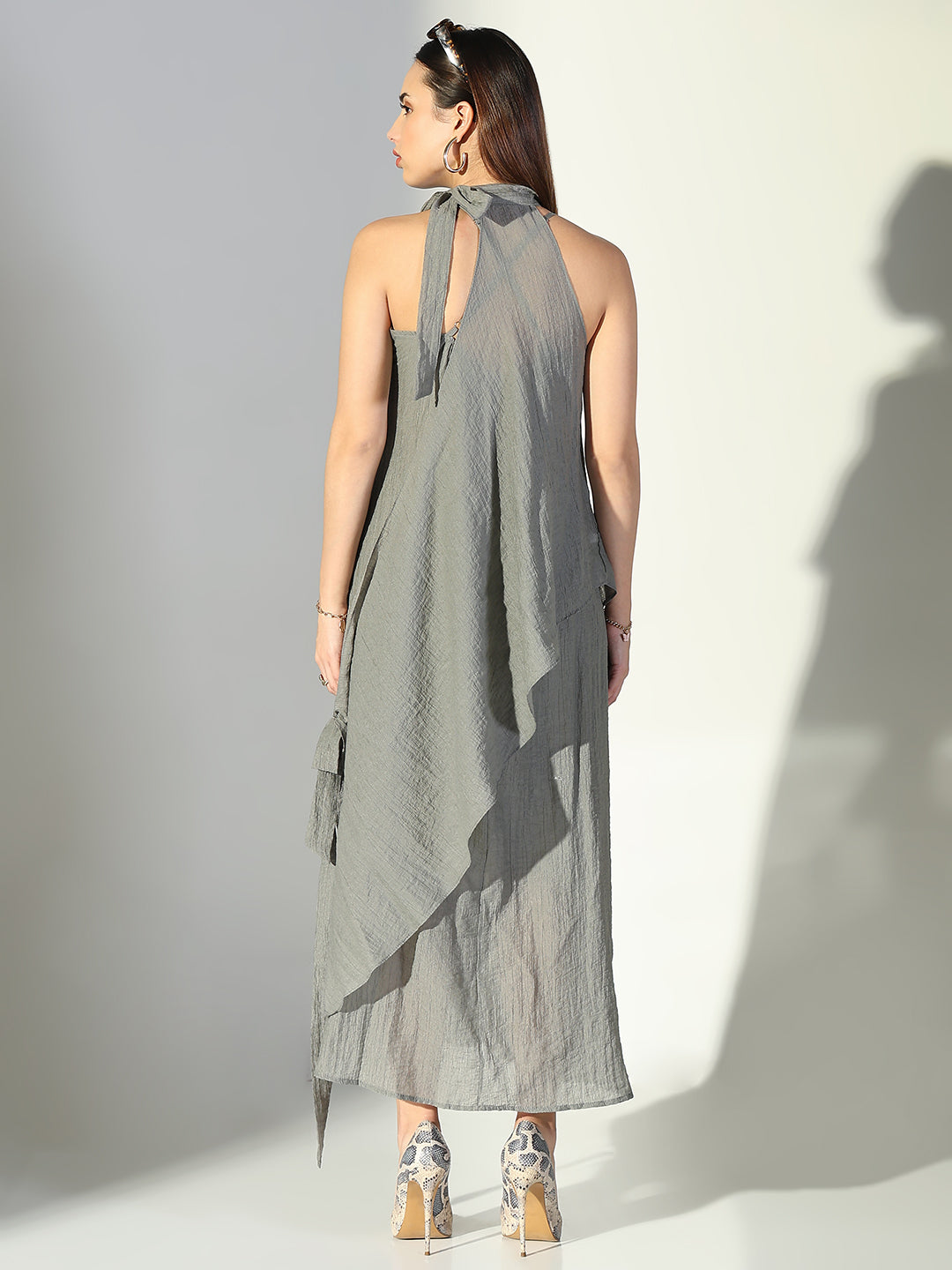 Women Grey Solid A Line Dress with Drape Over