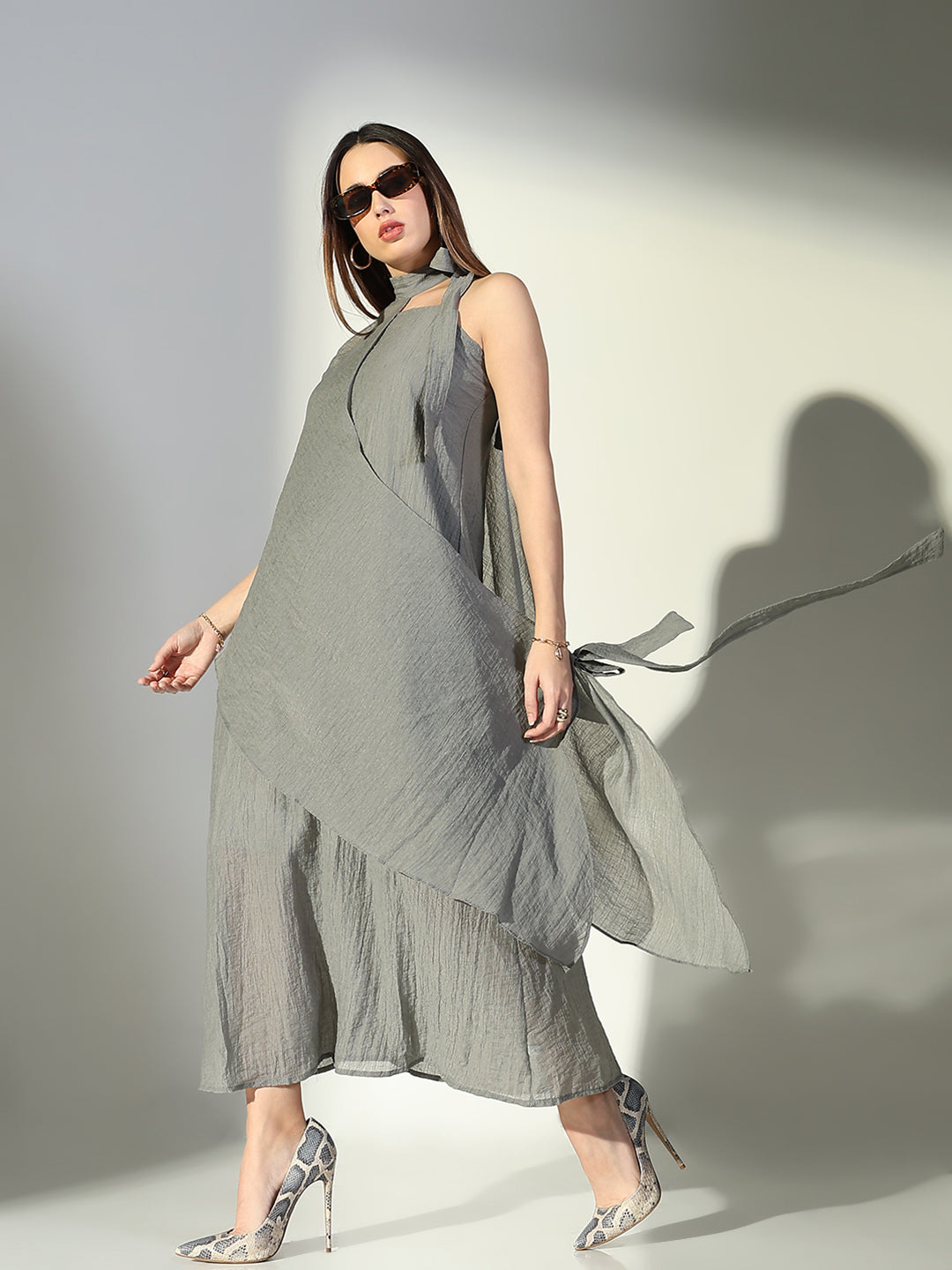 Women Grey Solid A Line Dress with Drape Over