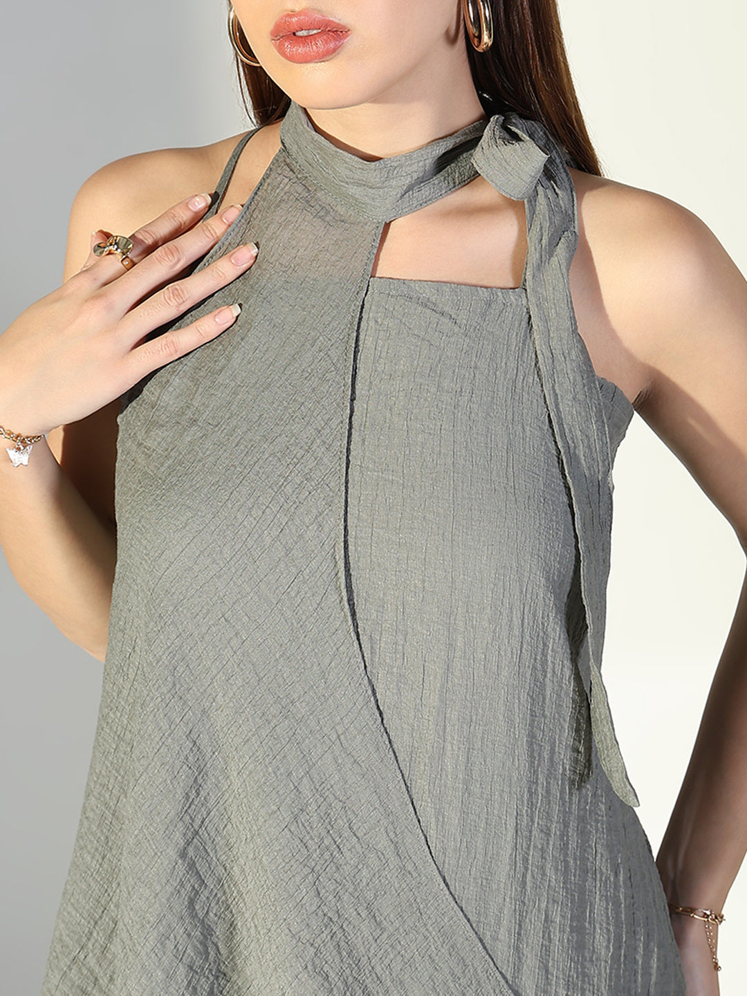 Women Grey Solid A Line Dress with Drape Over