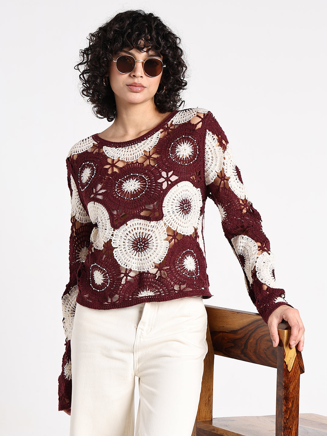 Women's Floral Maroon Crochet Top