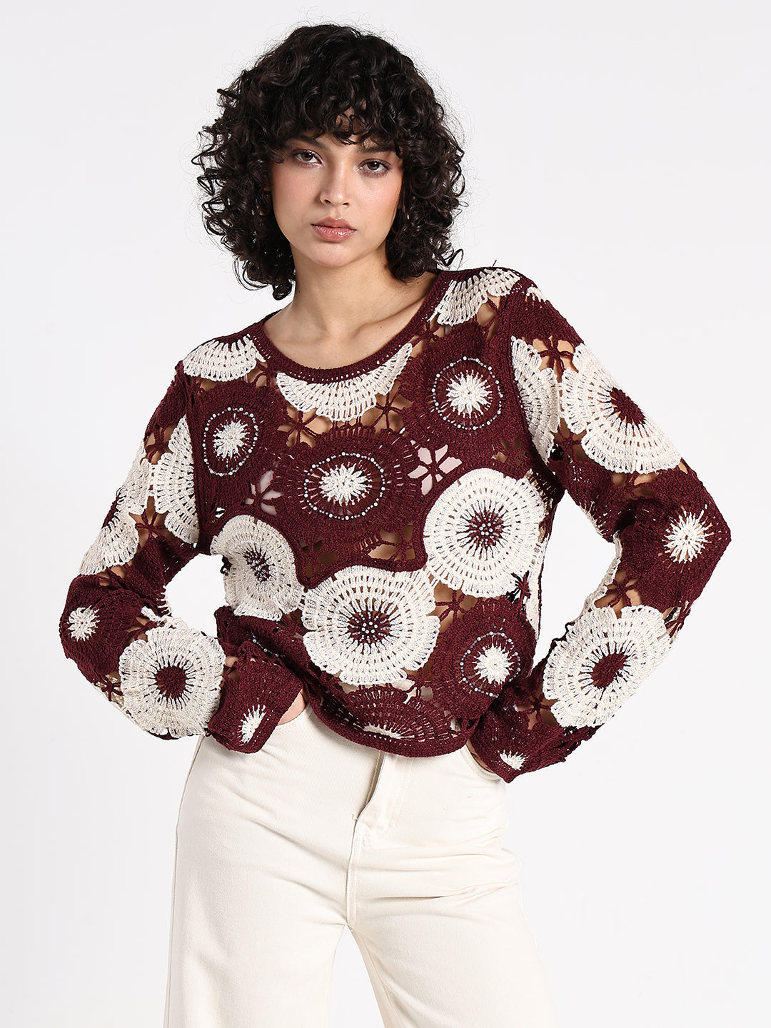 Women's Floral Maroon Crochet Top