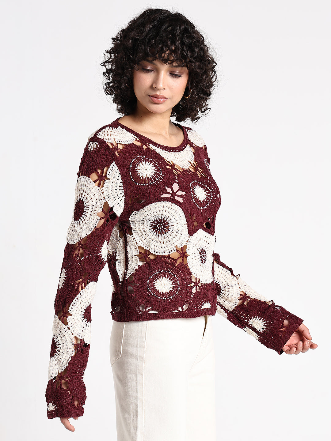 Women's Floral Maroon Crochet Top