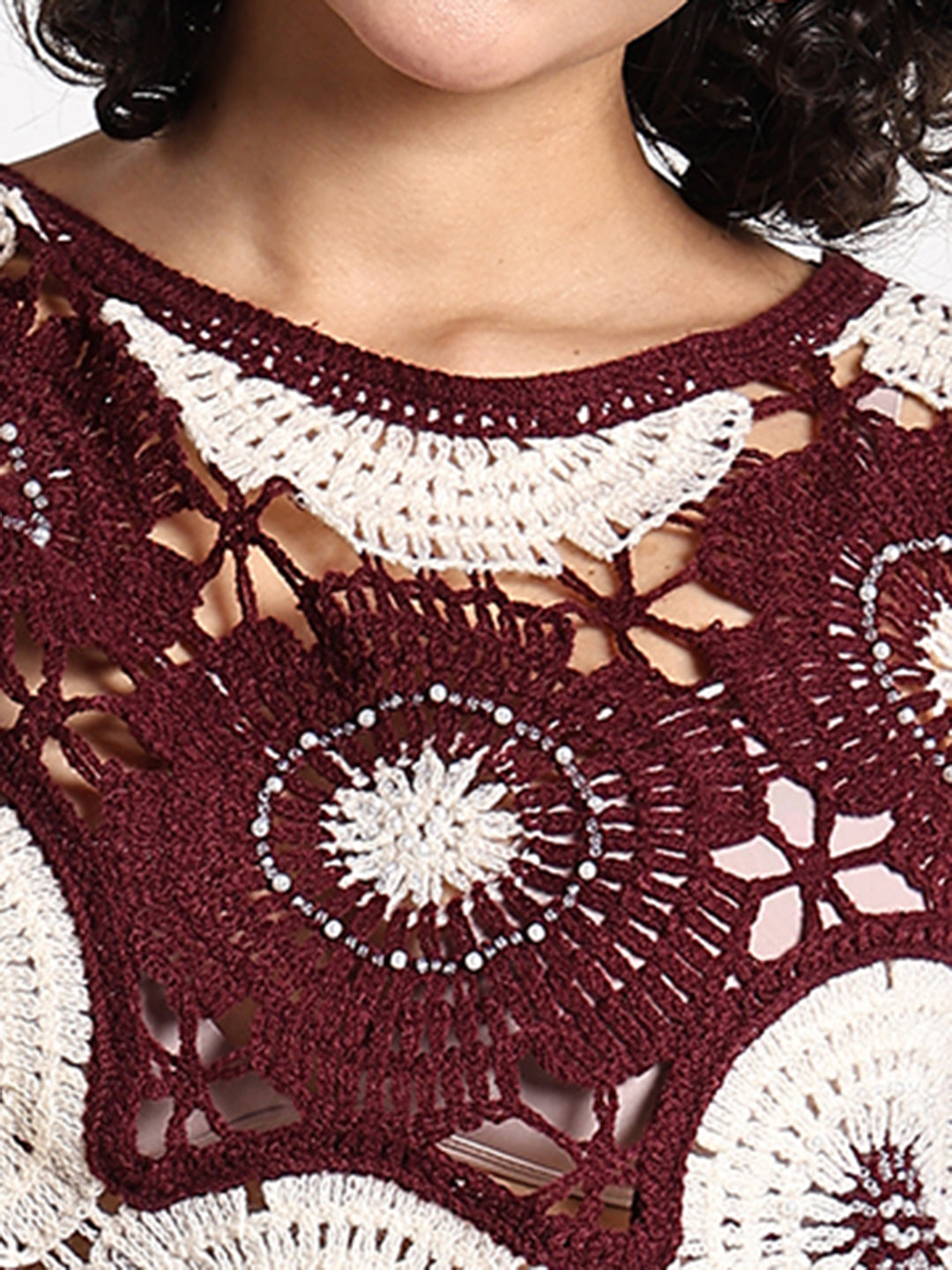 Women's Floral Maroon Crochet Top
