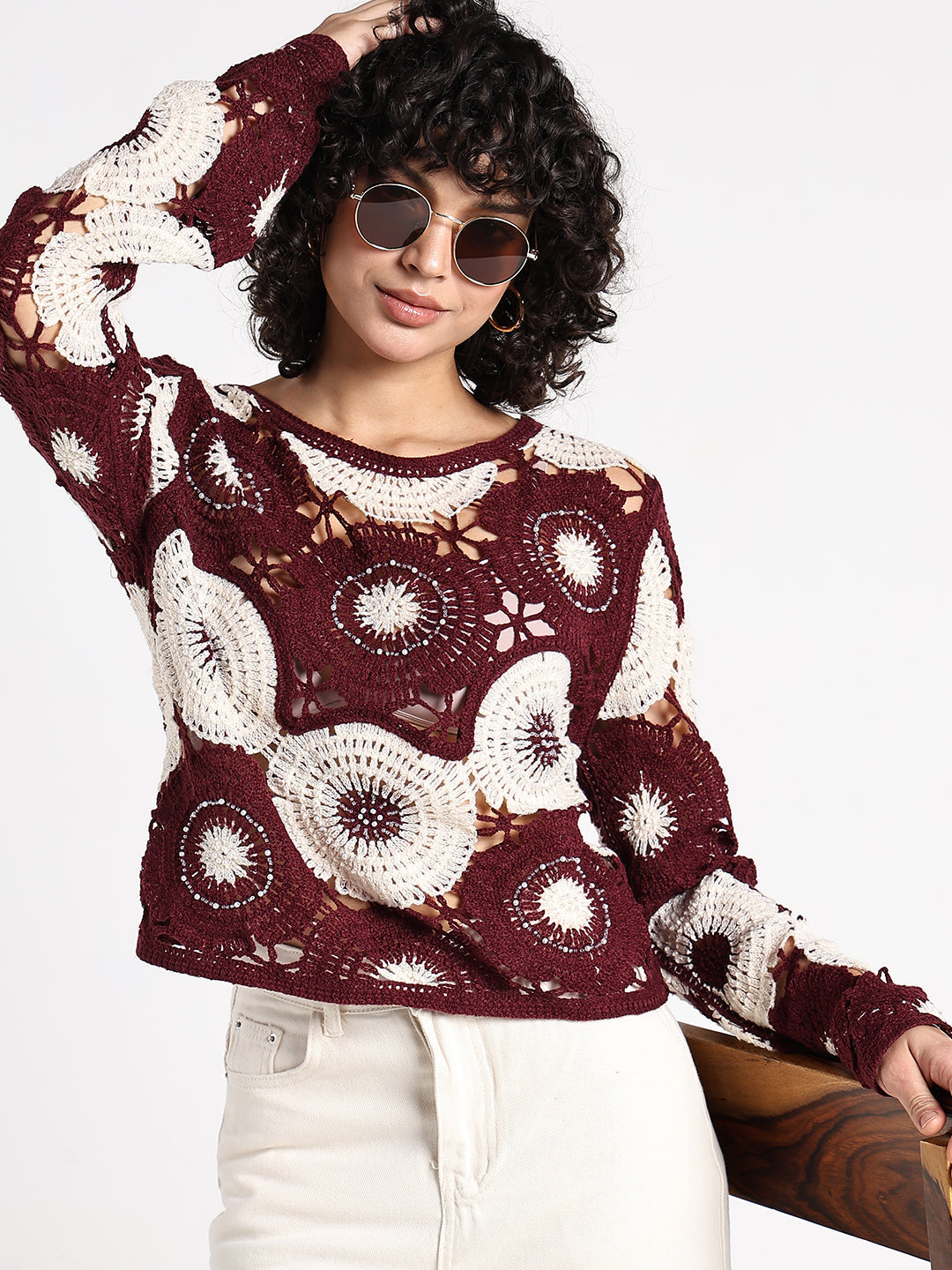 Women's Floral Maroon Crochet Top