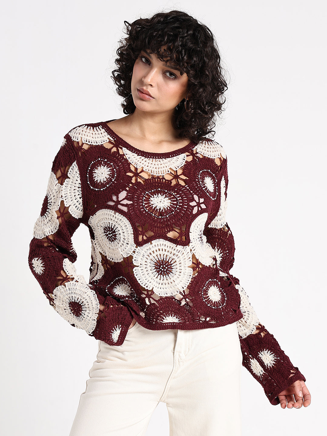 Women's Floral Maroon Crochet Top