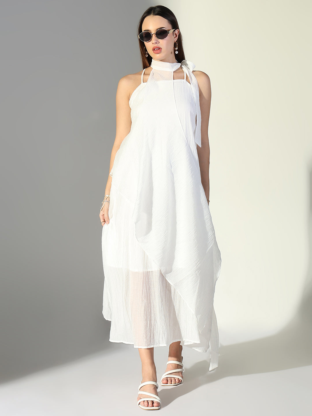 Women White Solid A Line Dress with Drape Over