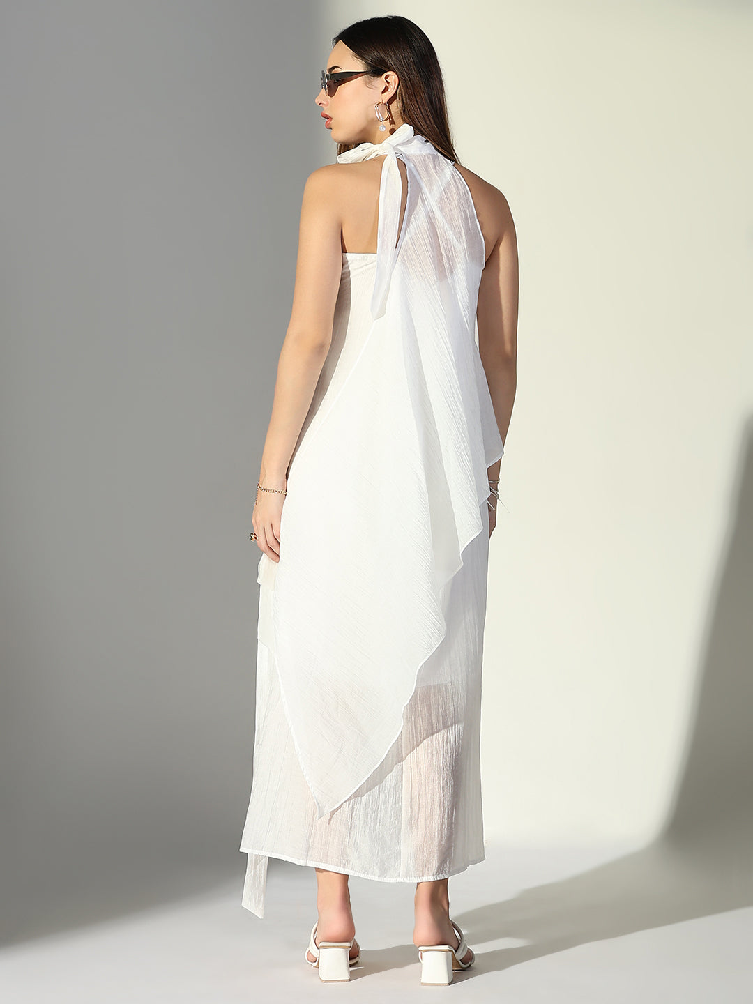 Women White Solid A Line Dress with Drape Over