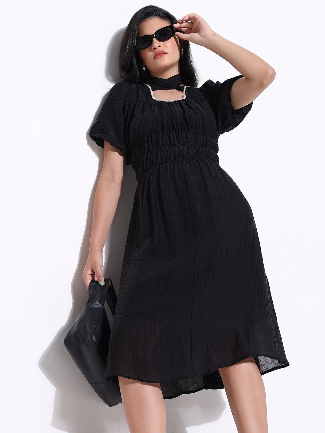 Women Black Solid Fit and Flare Dress