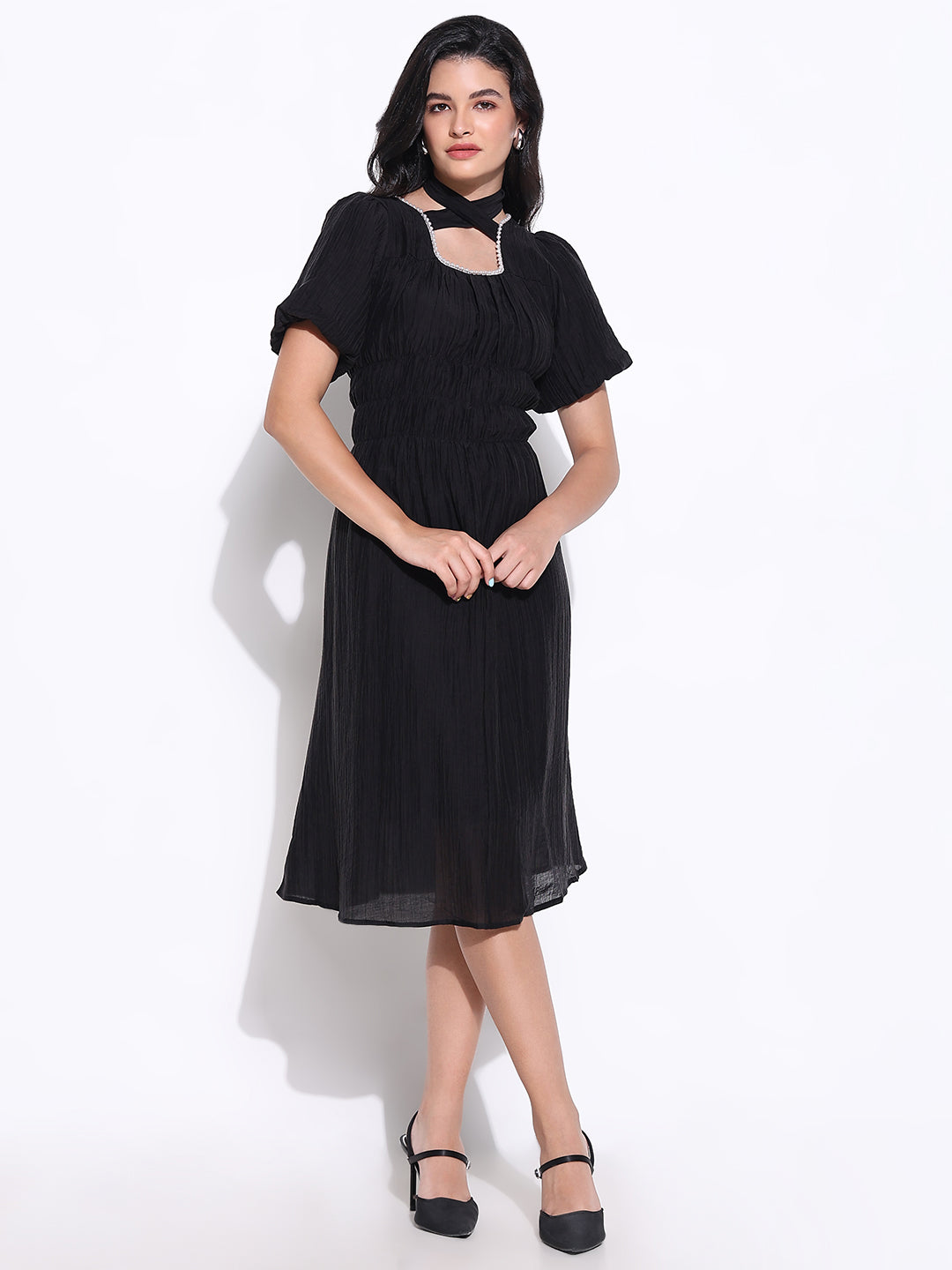 Women Black Solid Fit and Flare Dress