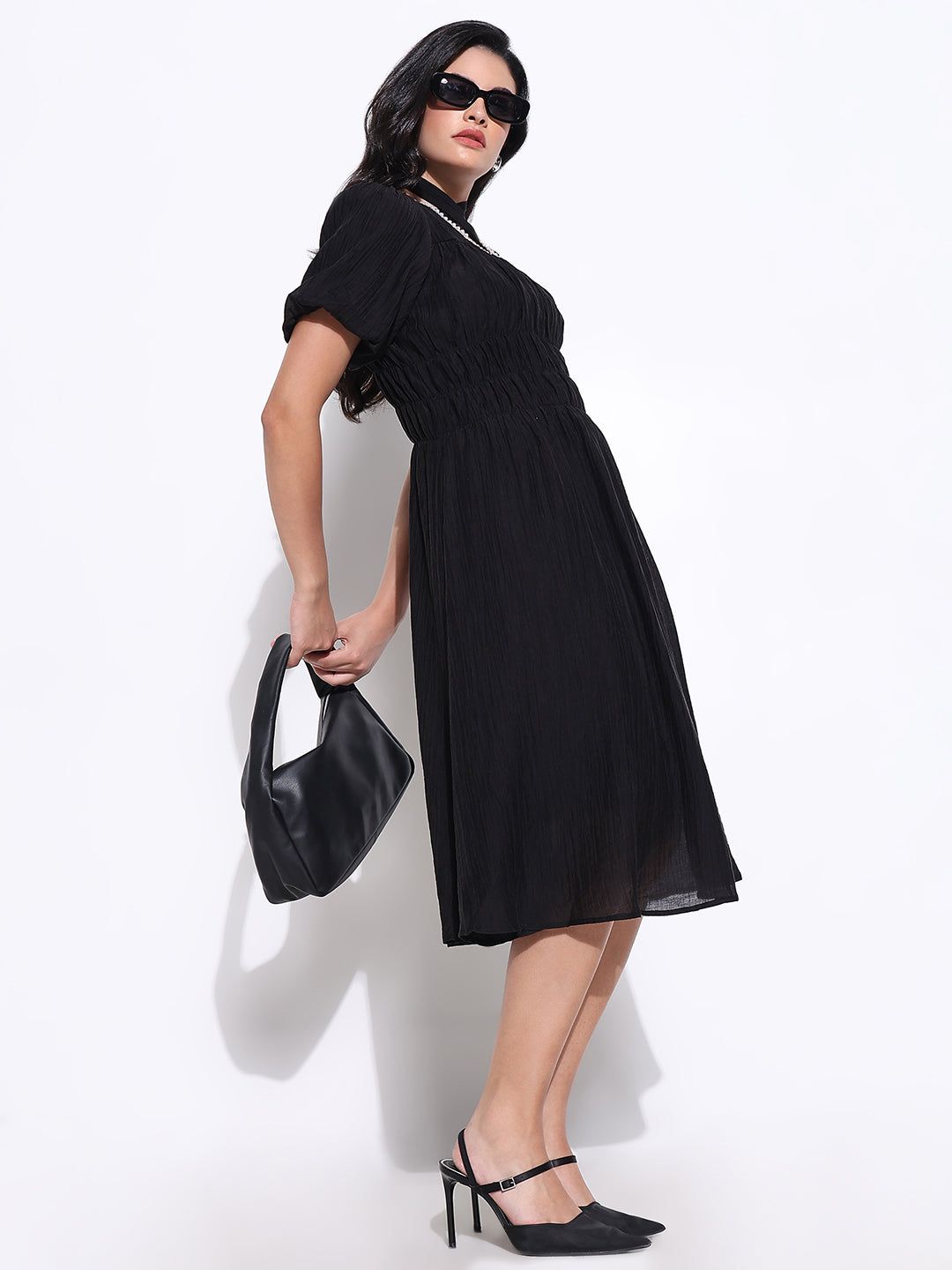 Women Black Solid Fit and Flare Dress