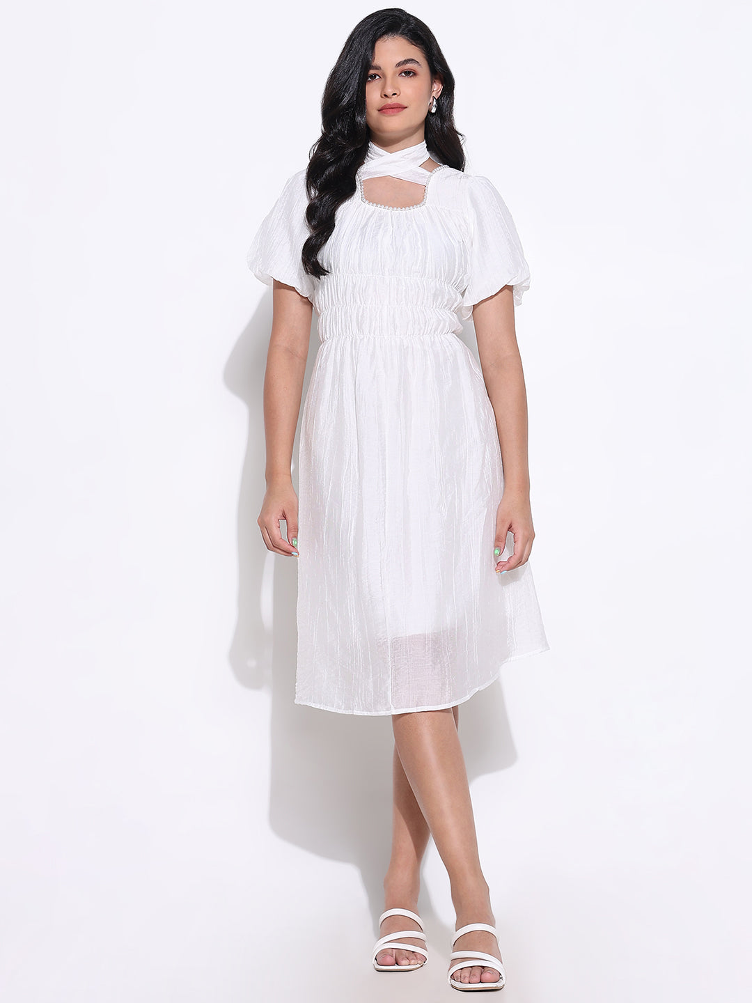 Women Off White Solid Fit and Flare Dress