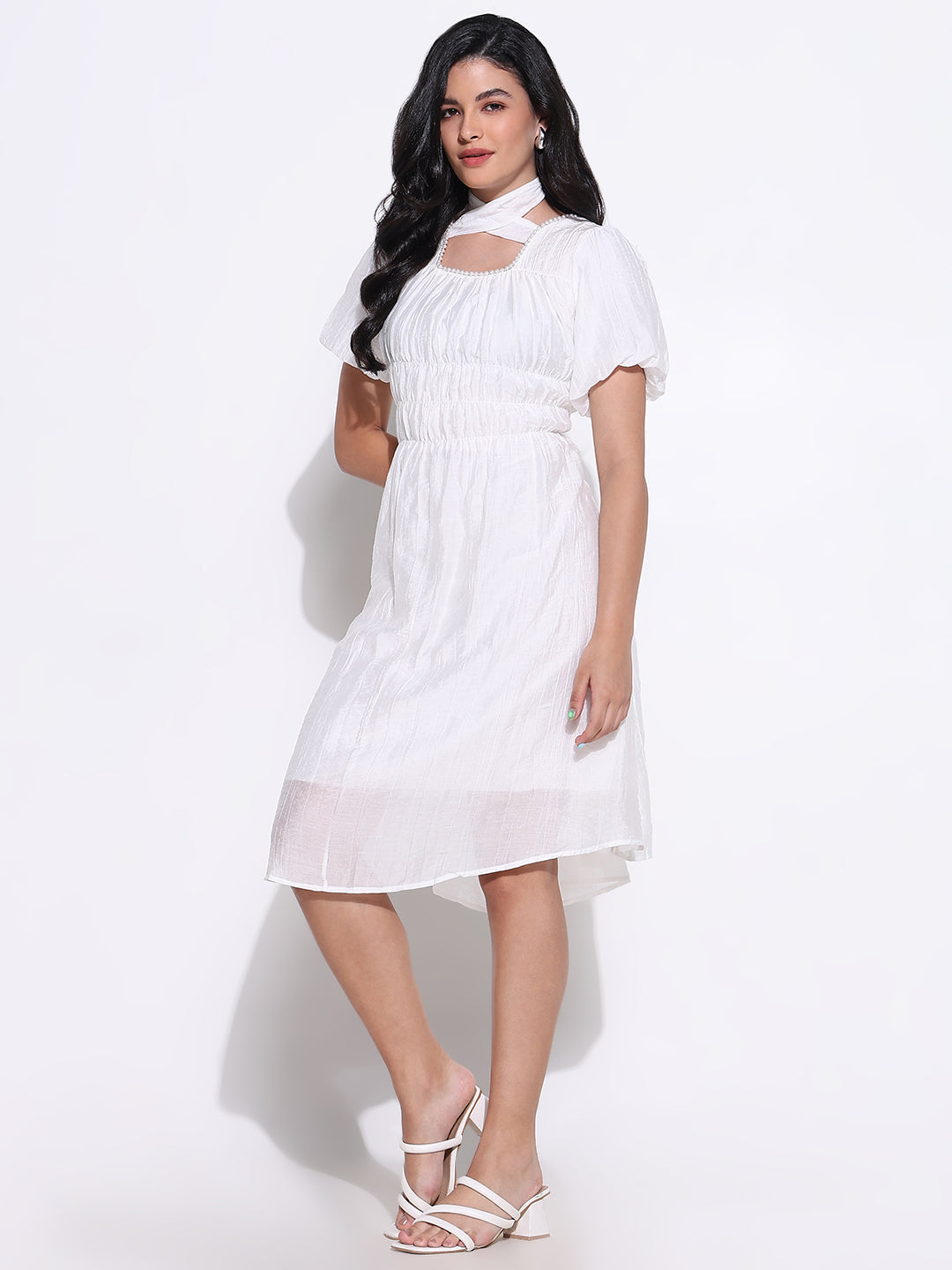 Women Off White Solid Fit and Flare Dress