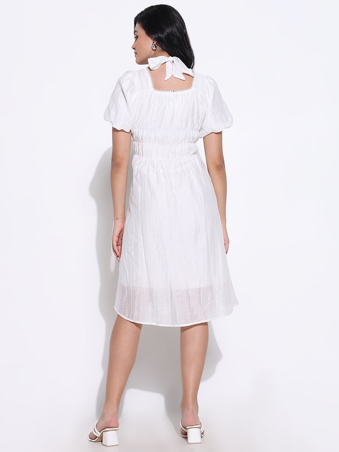 Women Off White Solid Fit and Flare Dress