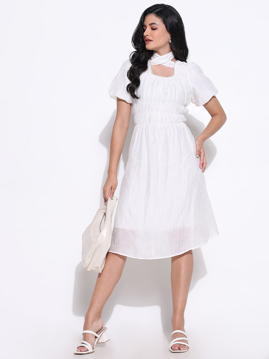 Women Off White Solid Fit and Flare Dress