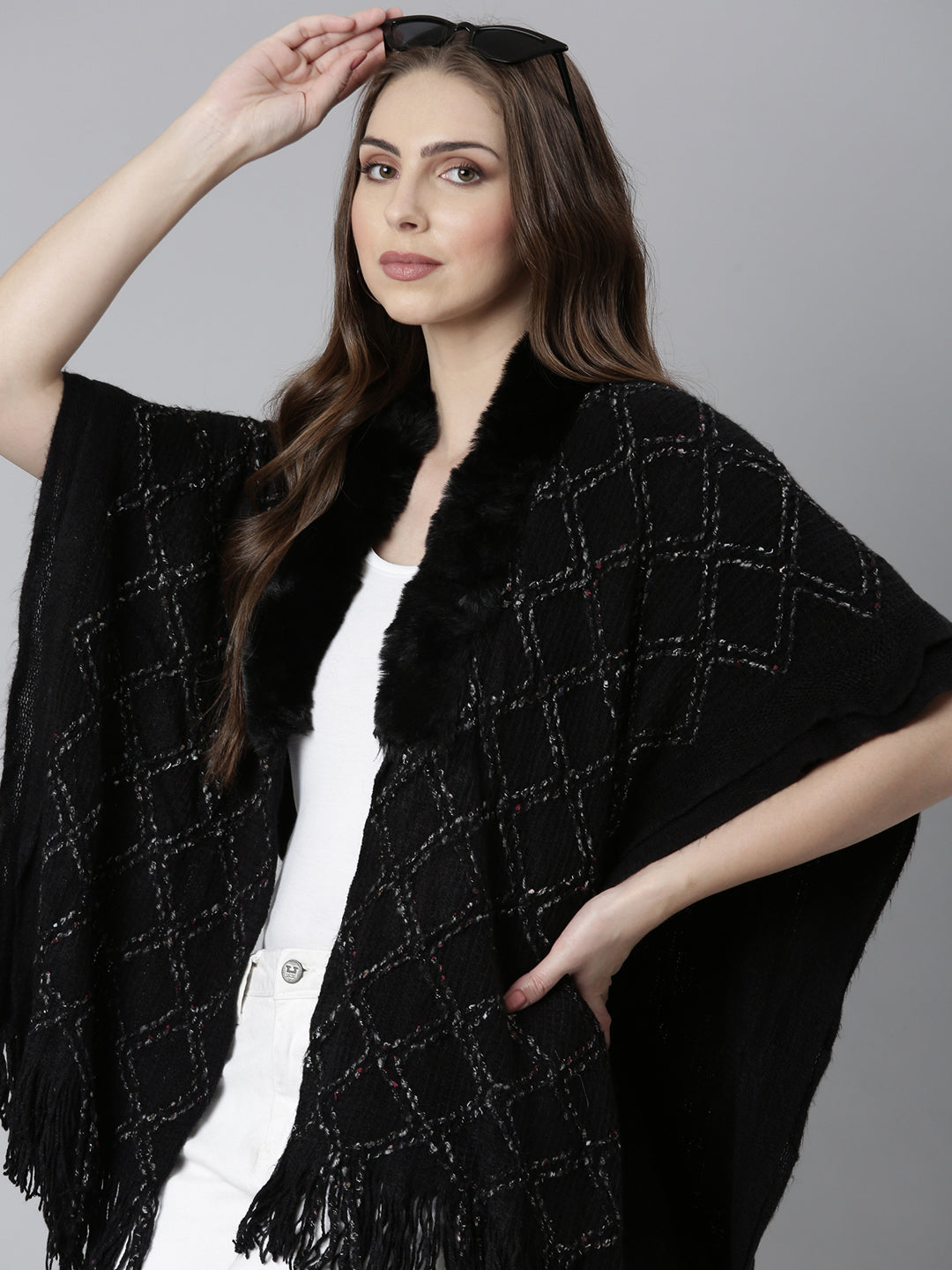 Women Black Self Design Poncho