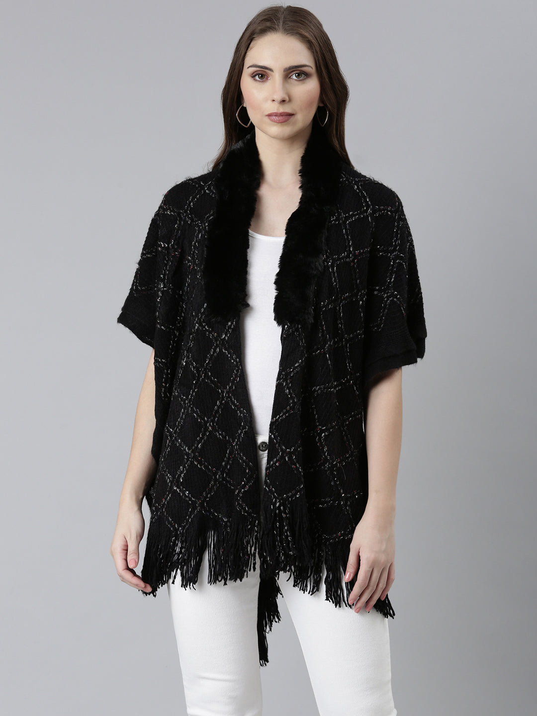 Women Black Self Design Poncho