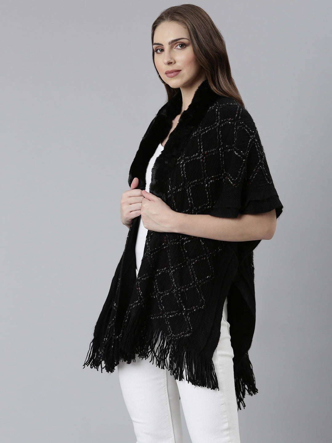 Women Black Self Design Poncho