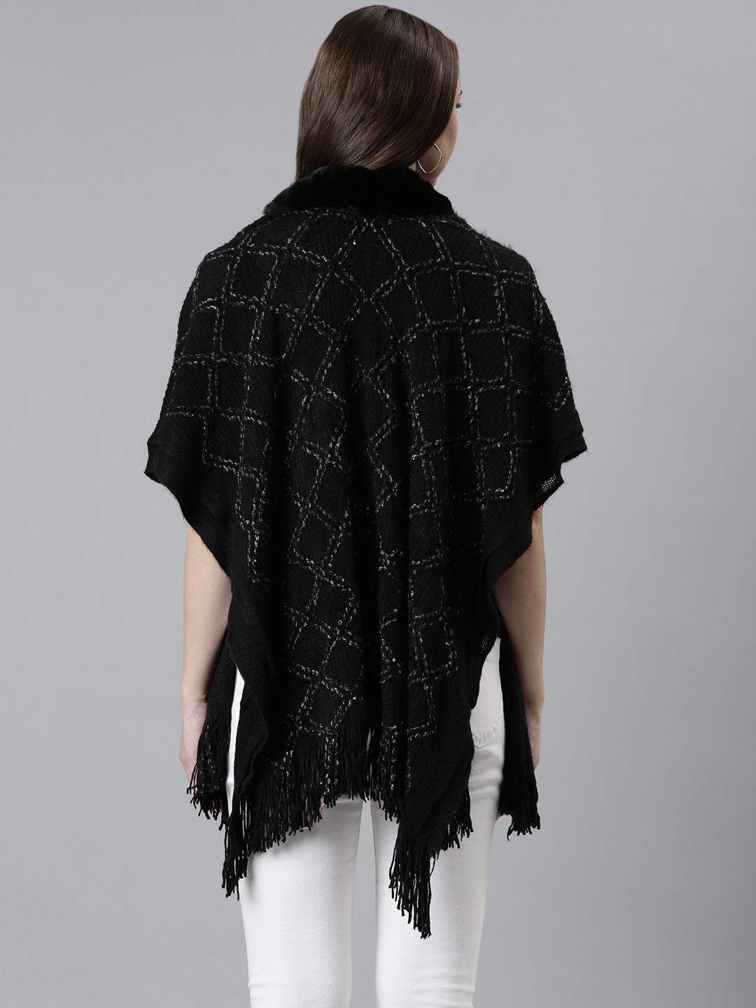 Women Black Self Design Poncho