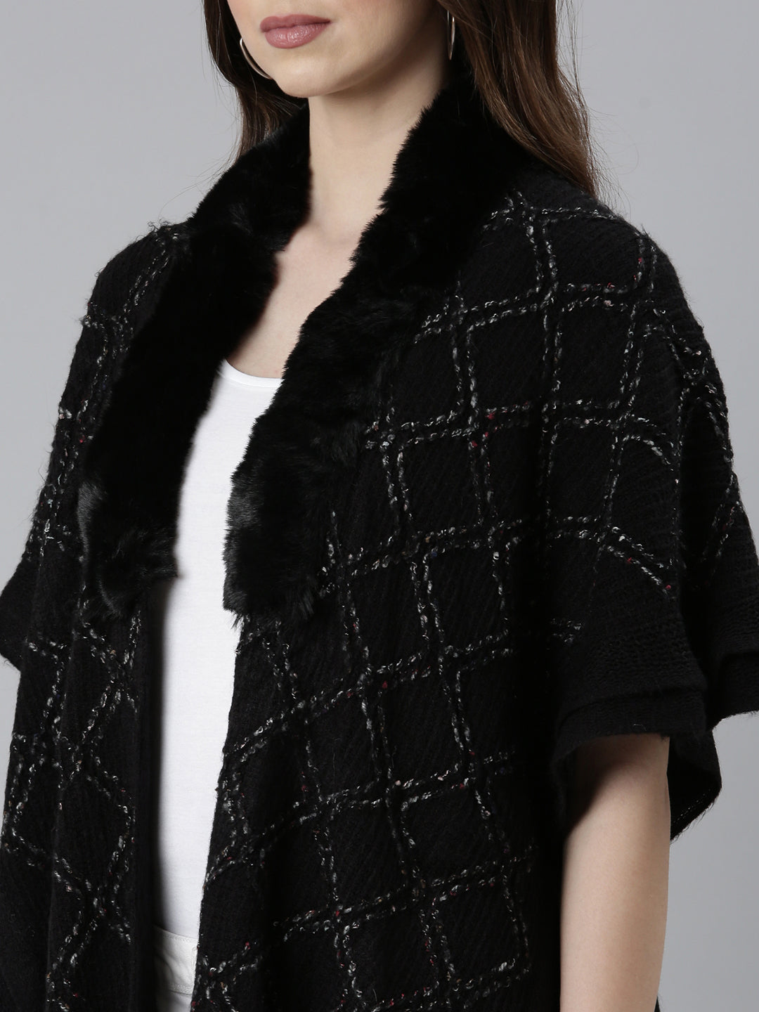 Women Black Self Design Poncho