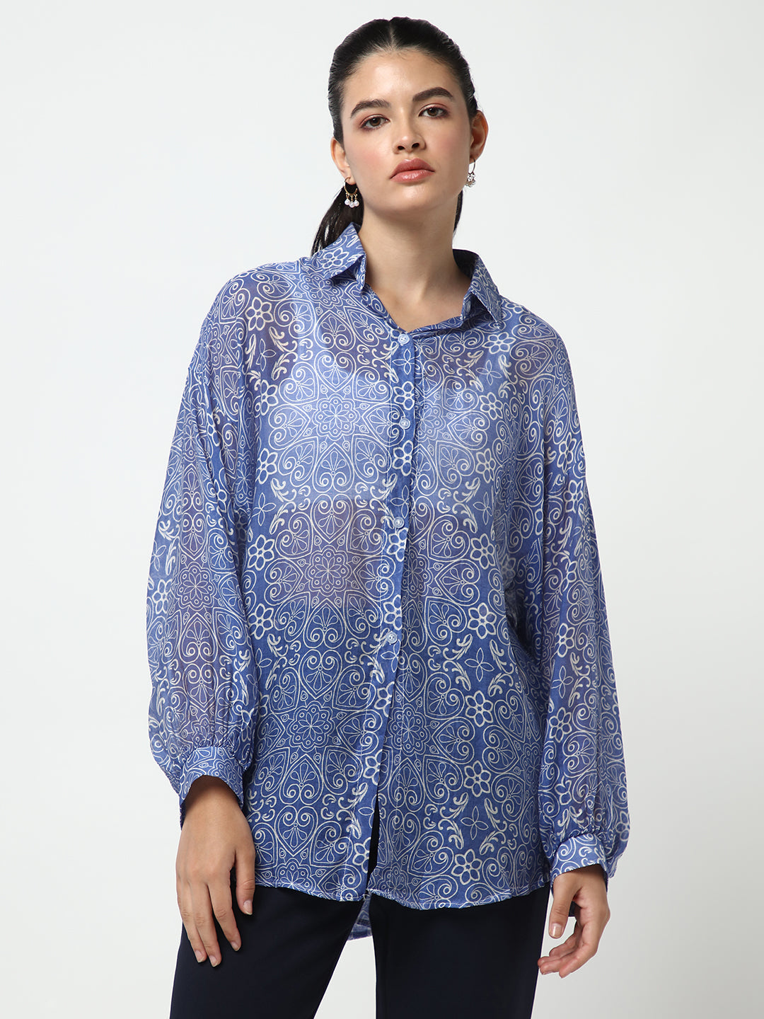 Women Blue Solid Oversized Shirt