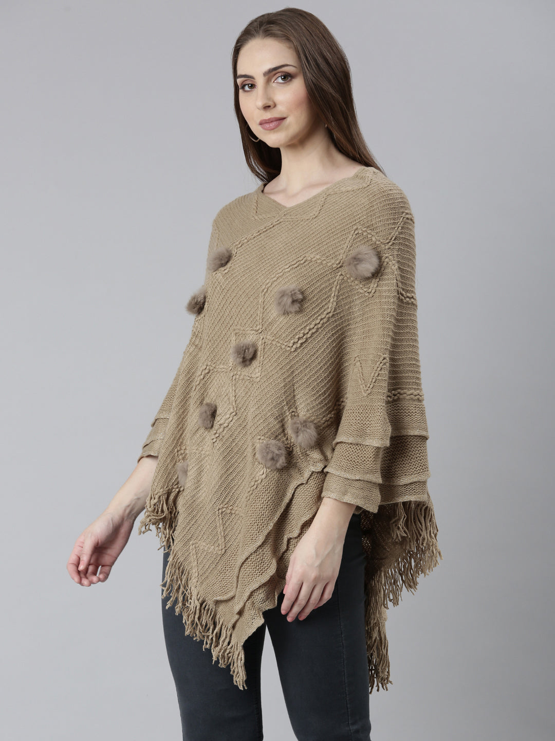 Women's Khaki Self Design Longline Poncho