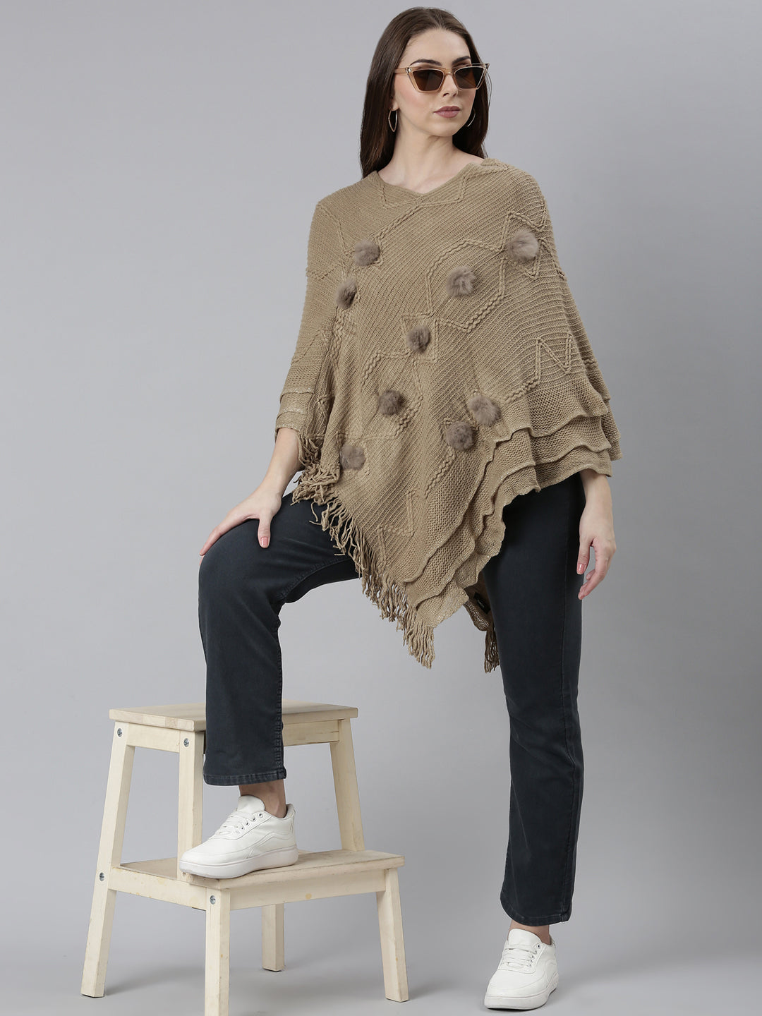 Women's Khaki Self Design Longline Poncho
