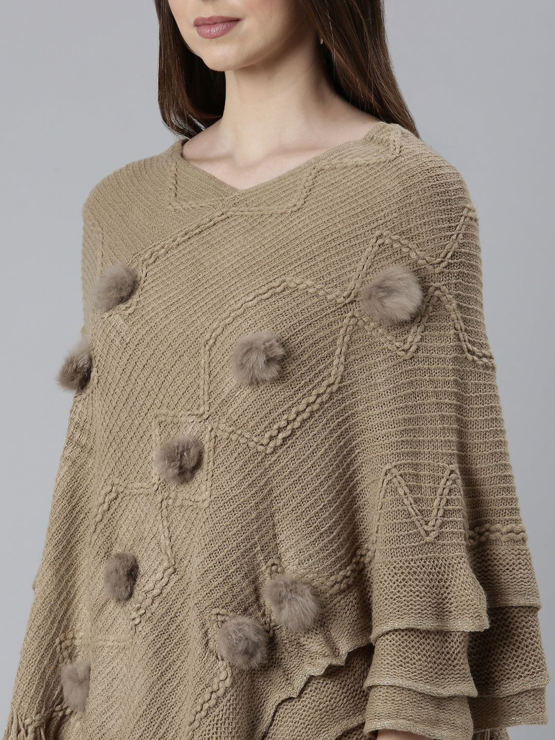 Women's Khaki Self Design Longline Poncho