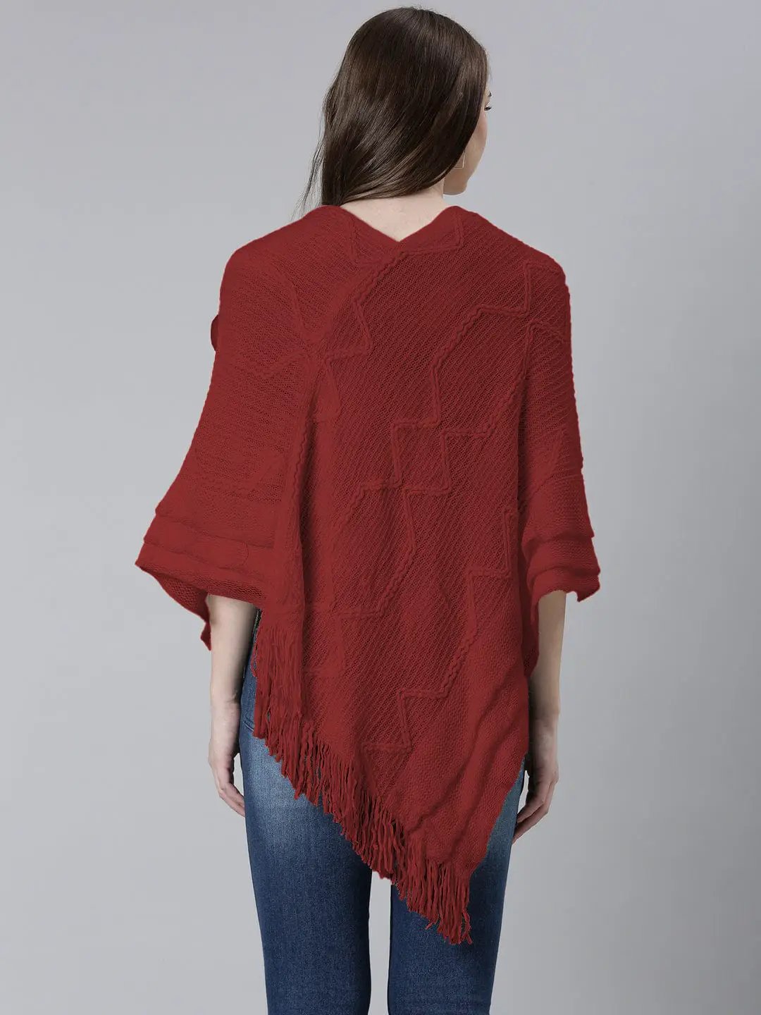 Women's Red V-Neck Poncho with Fringe Hem and Pom-Pom Detail - Uncategorized from SHOWOFFFF