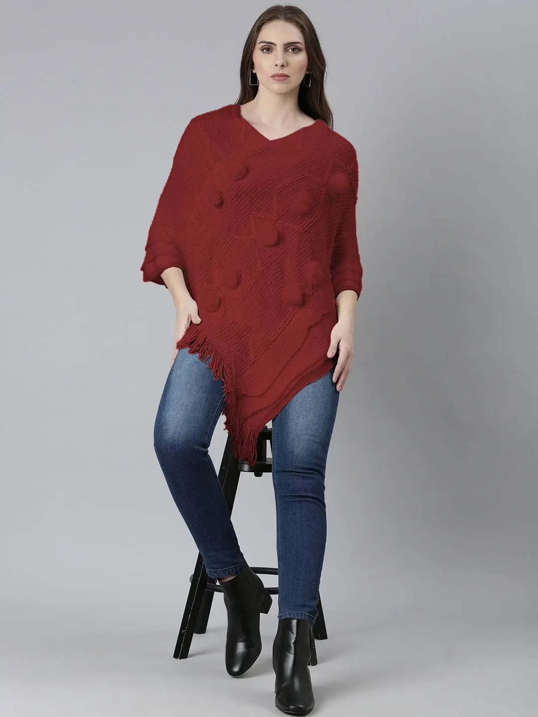 Women's Red V-Neck Poncho with Fringe Hem and Pom-Pom Detail - Uncategorized from SHOWOFFFF