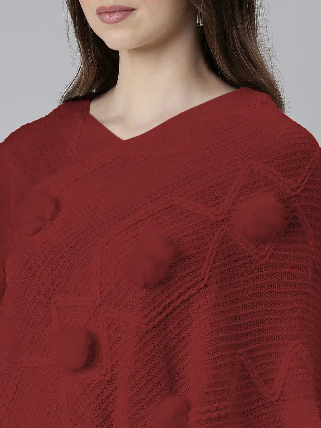 Women's Red V-Neck Poncho with Fringe Hem and Pom-Pom Detail - Uncategorized from SHOWOFFFF