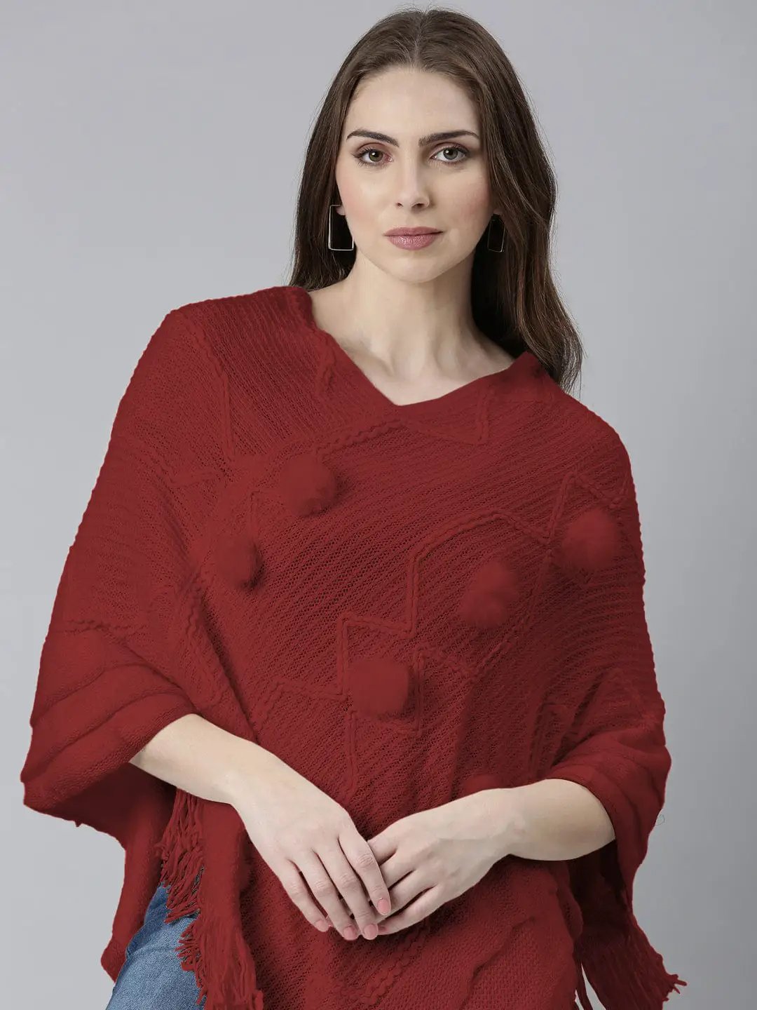 Women's Red V-Neck Poncho with Fringe Hem and Pom-Pom Detail - Uncategorized from SHOWOFFFF