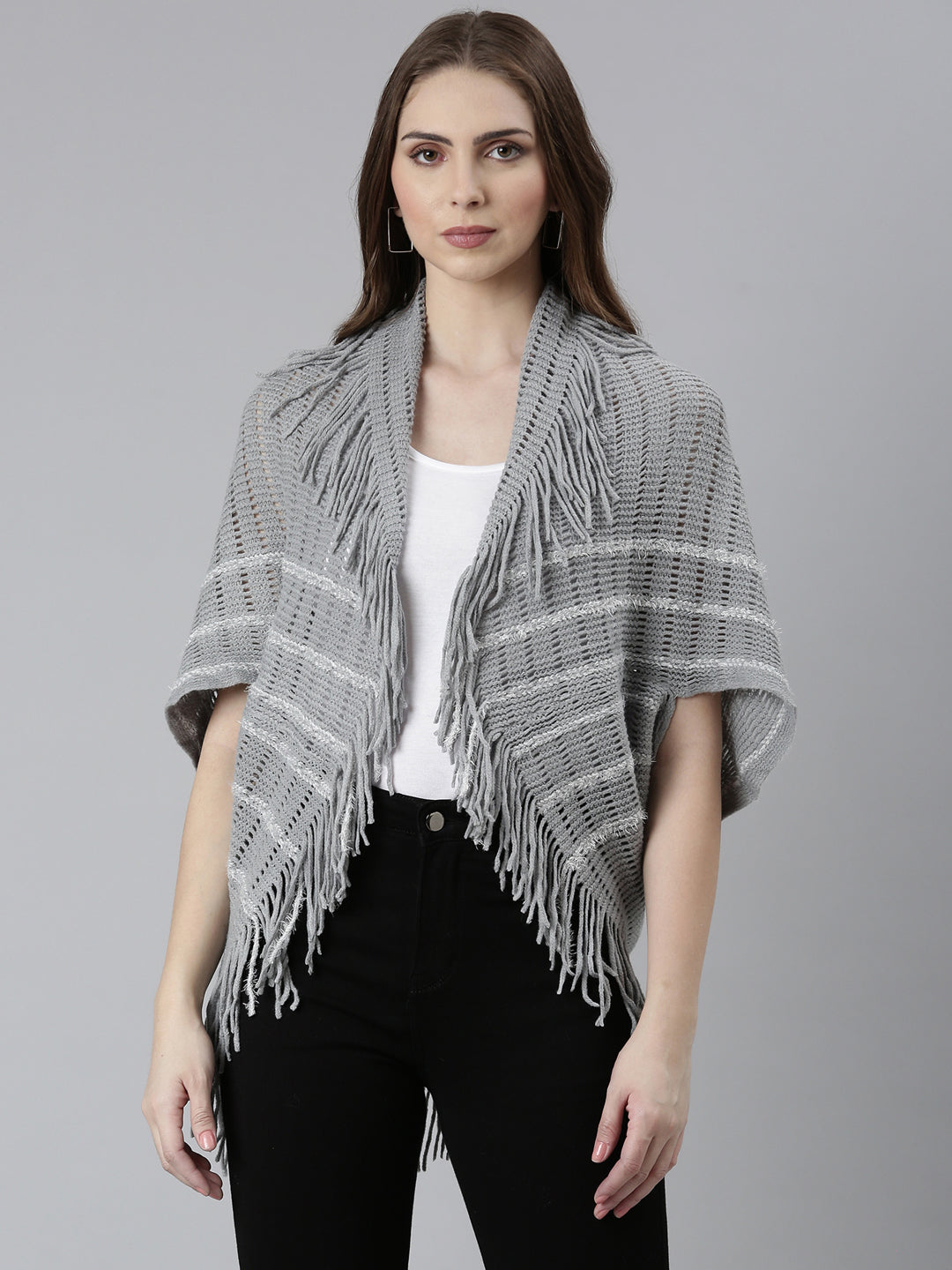 Women Grey Self Design Poncho