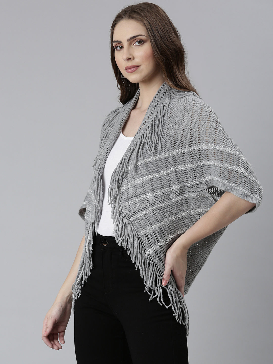 Women Grey Self Design Poncho