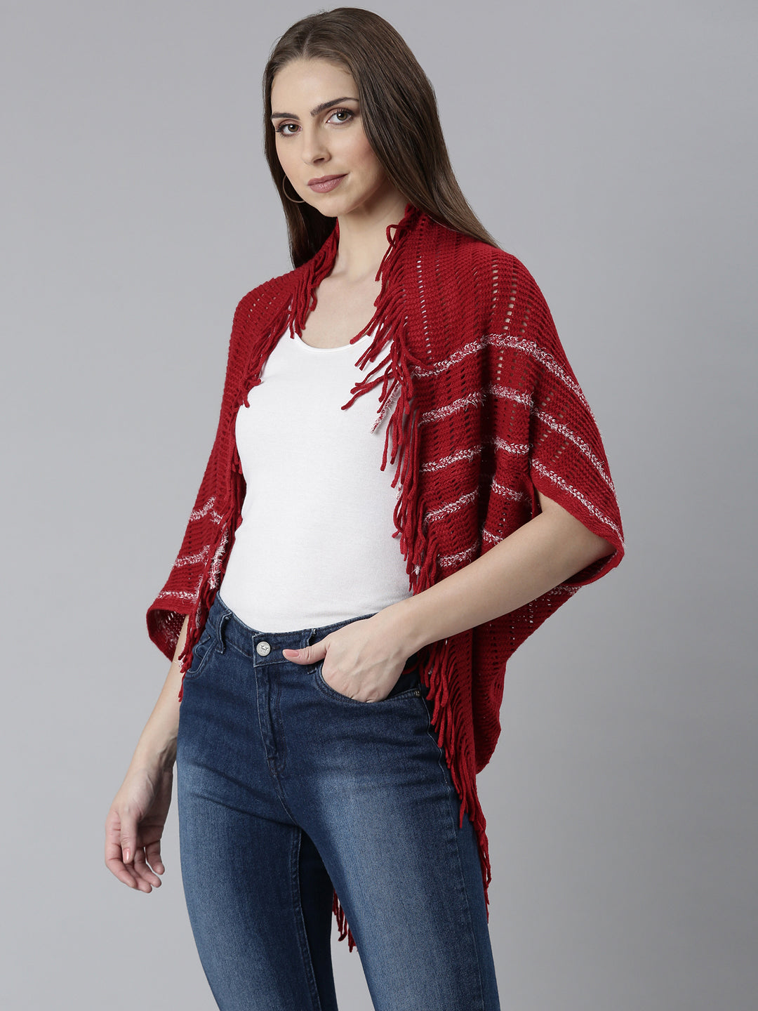 Women's Red Open Knit Self Design Fringed Detail Poncho