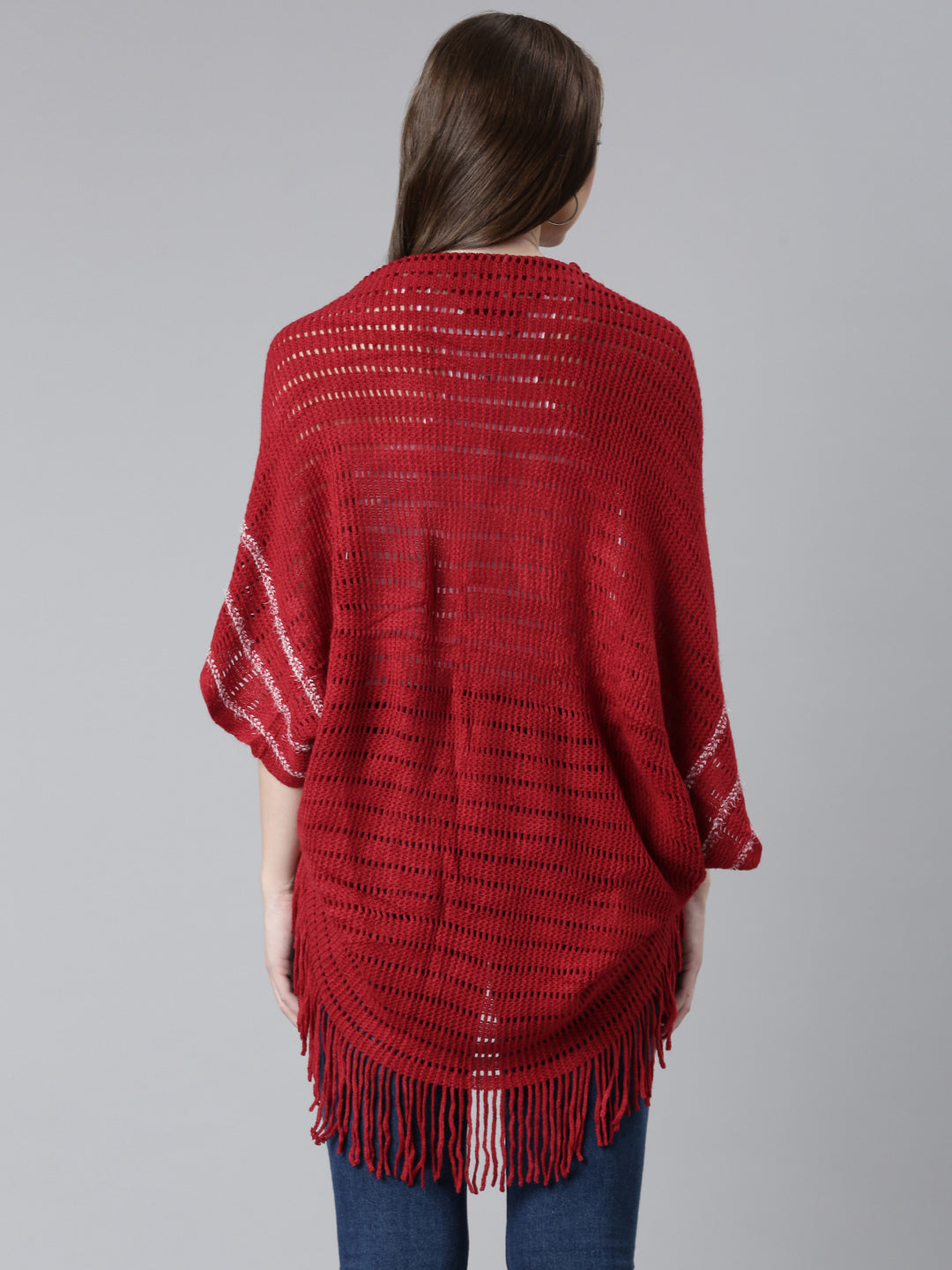 Women's Red Open Knit Self Design Fringed Detail Poncho