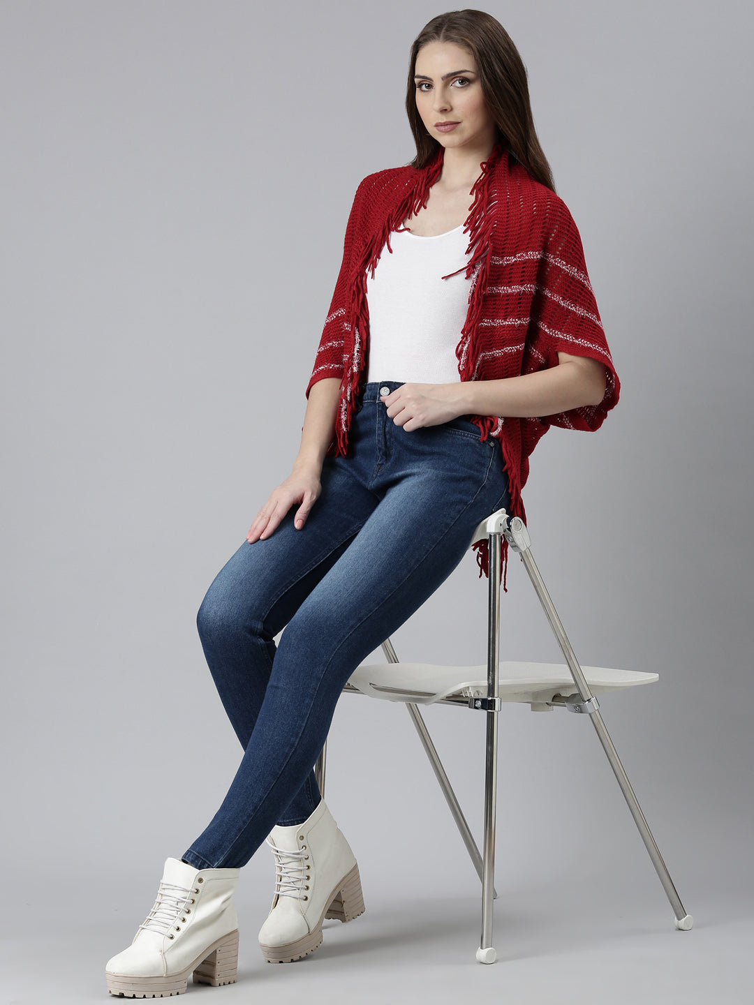 Women's Red Open Knit Self Design Fringed Detail Poncho