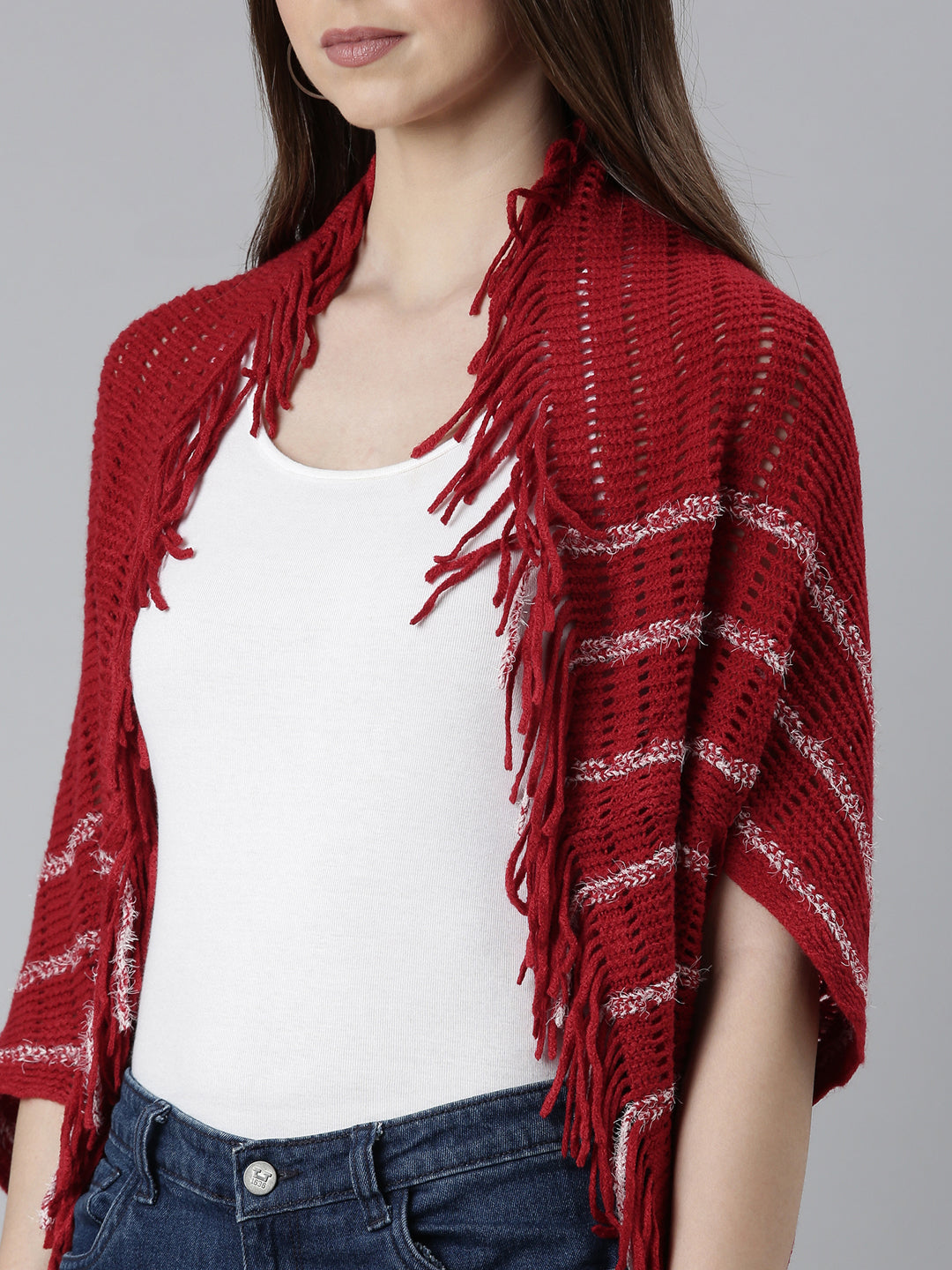 Women's Red Open Knit Self Design Fringed Detail Poncho
