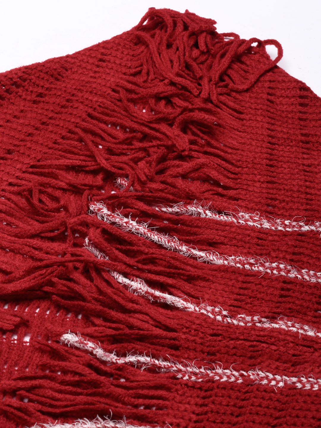 Women's Red Open Knit Self Design Fringed Detail Poncho