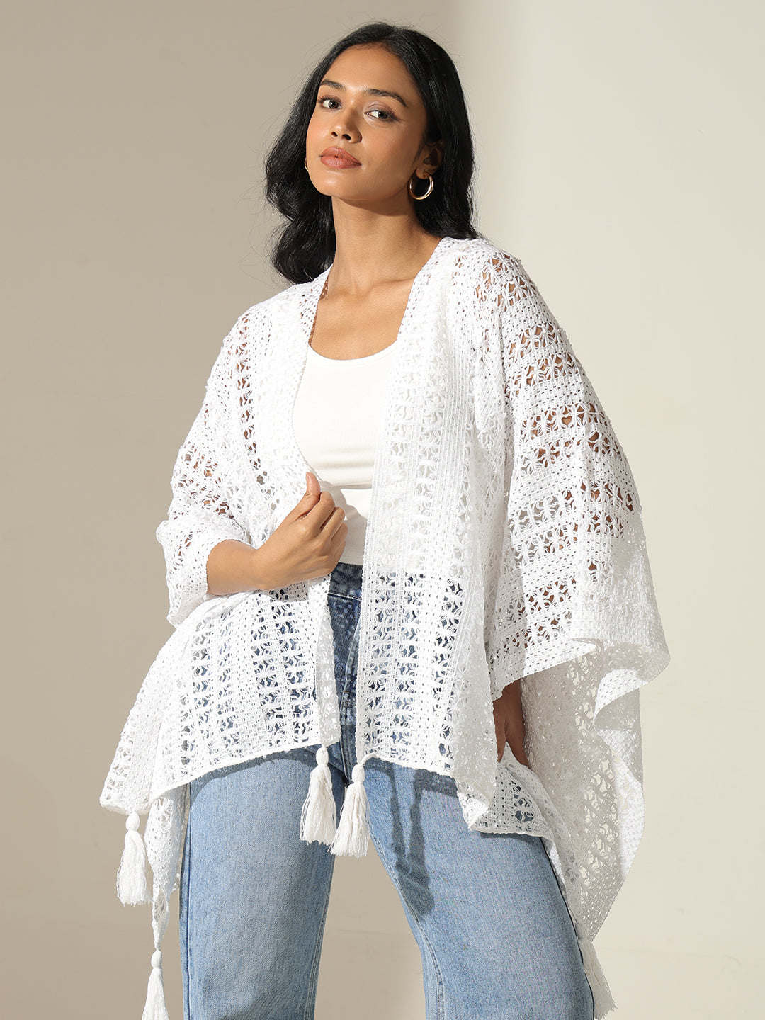 Women's Crochet White Open Front Top with Tassel Detail