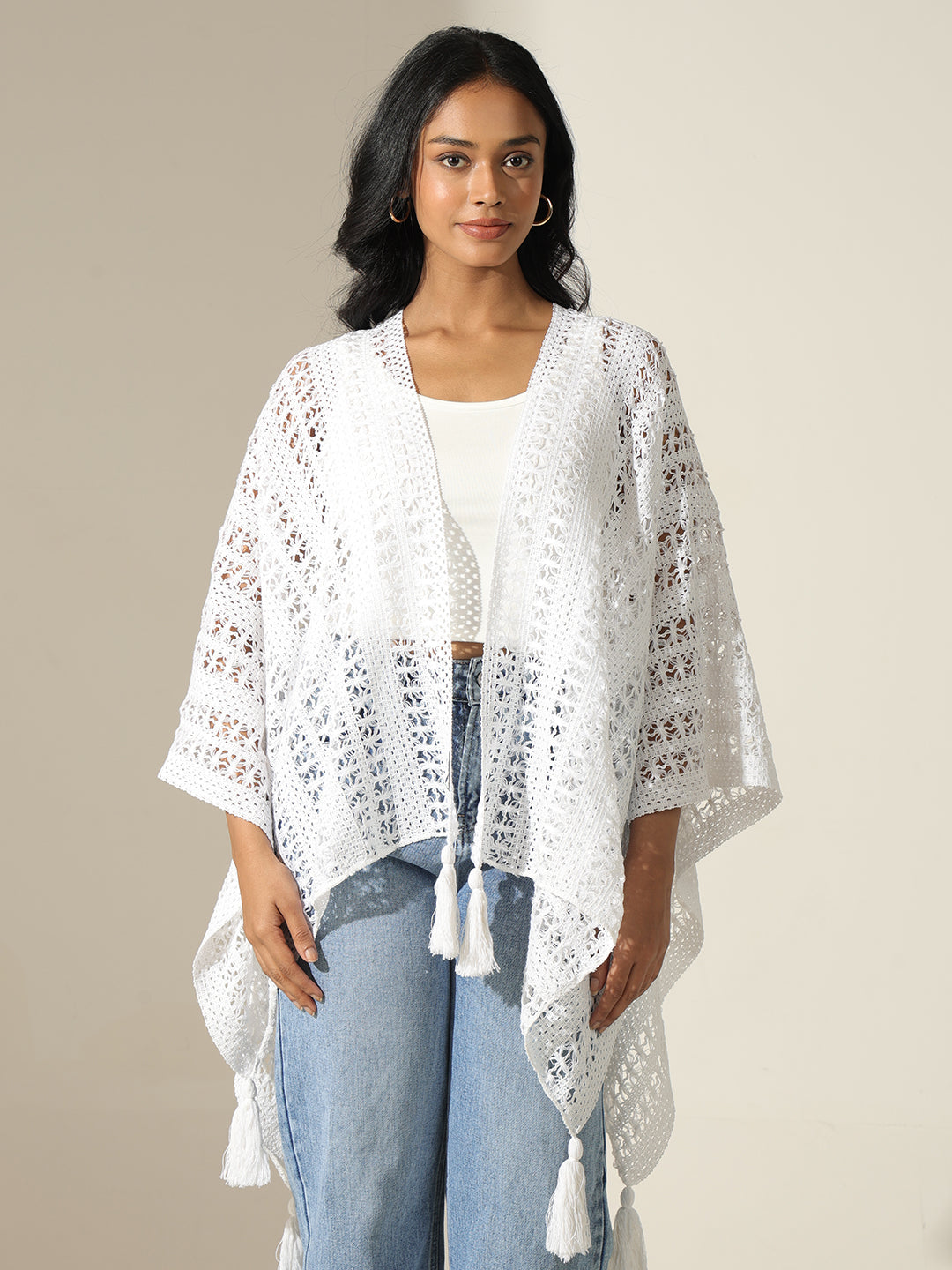 Women's Crochet White Open Front Top with Tassel Detail