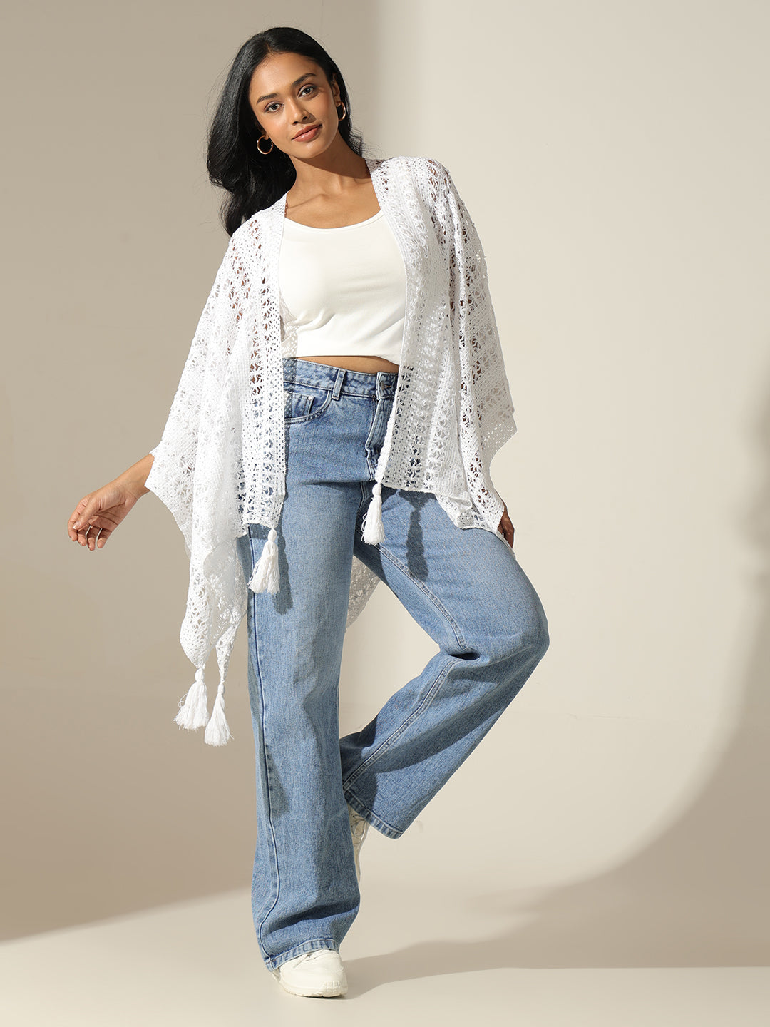 Women's Crochet White Open Front Top with Tassel Detail