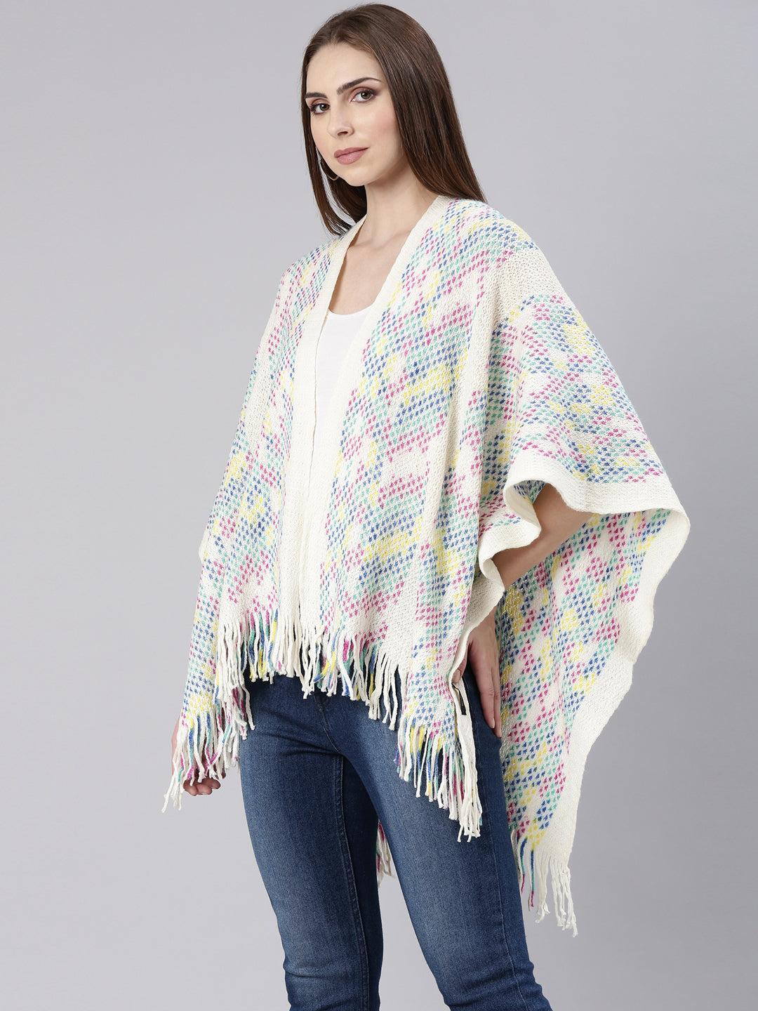 Women Off White Self Design Poncho