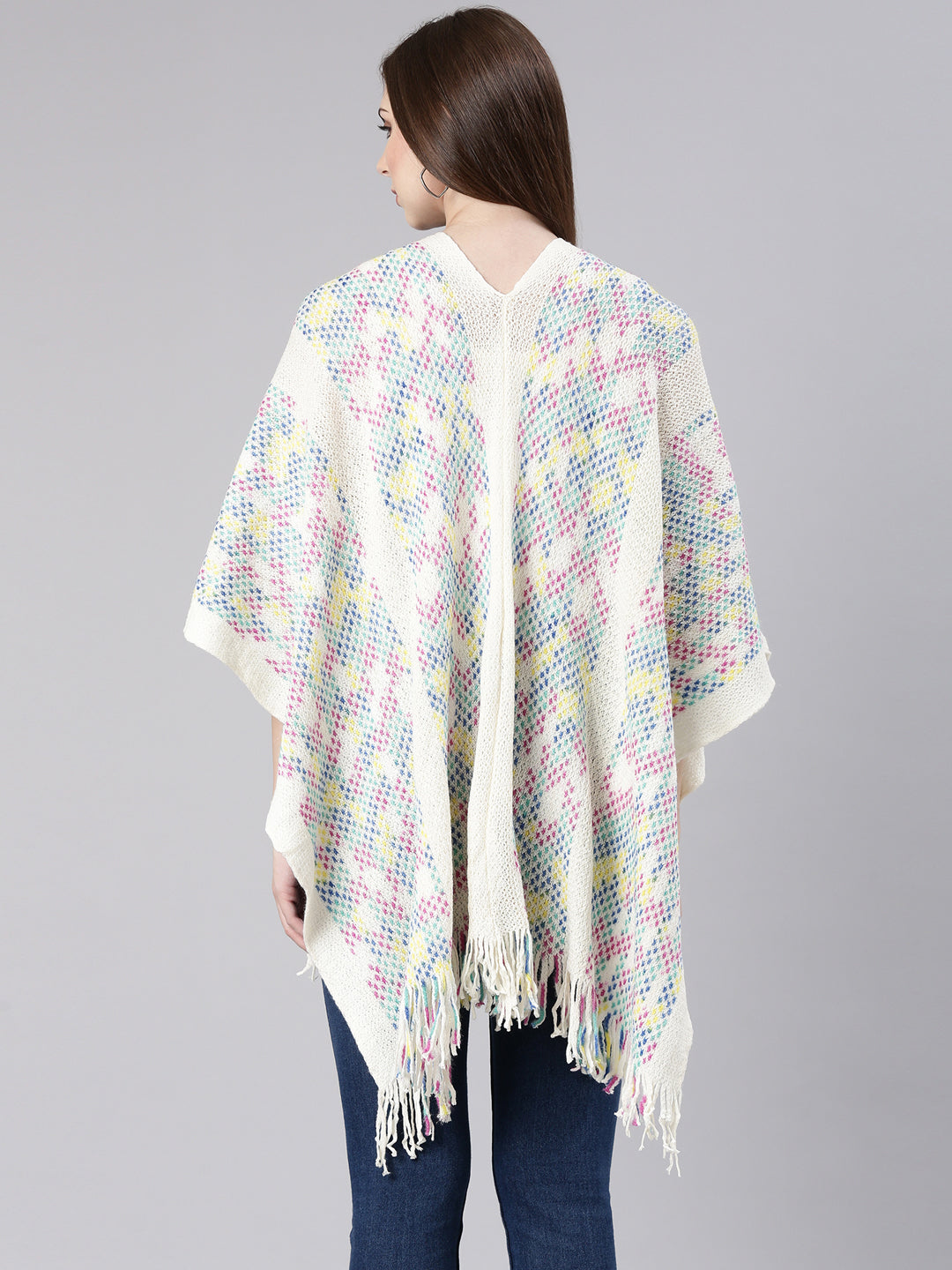 Women Off White Self Design Poncho